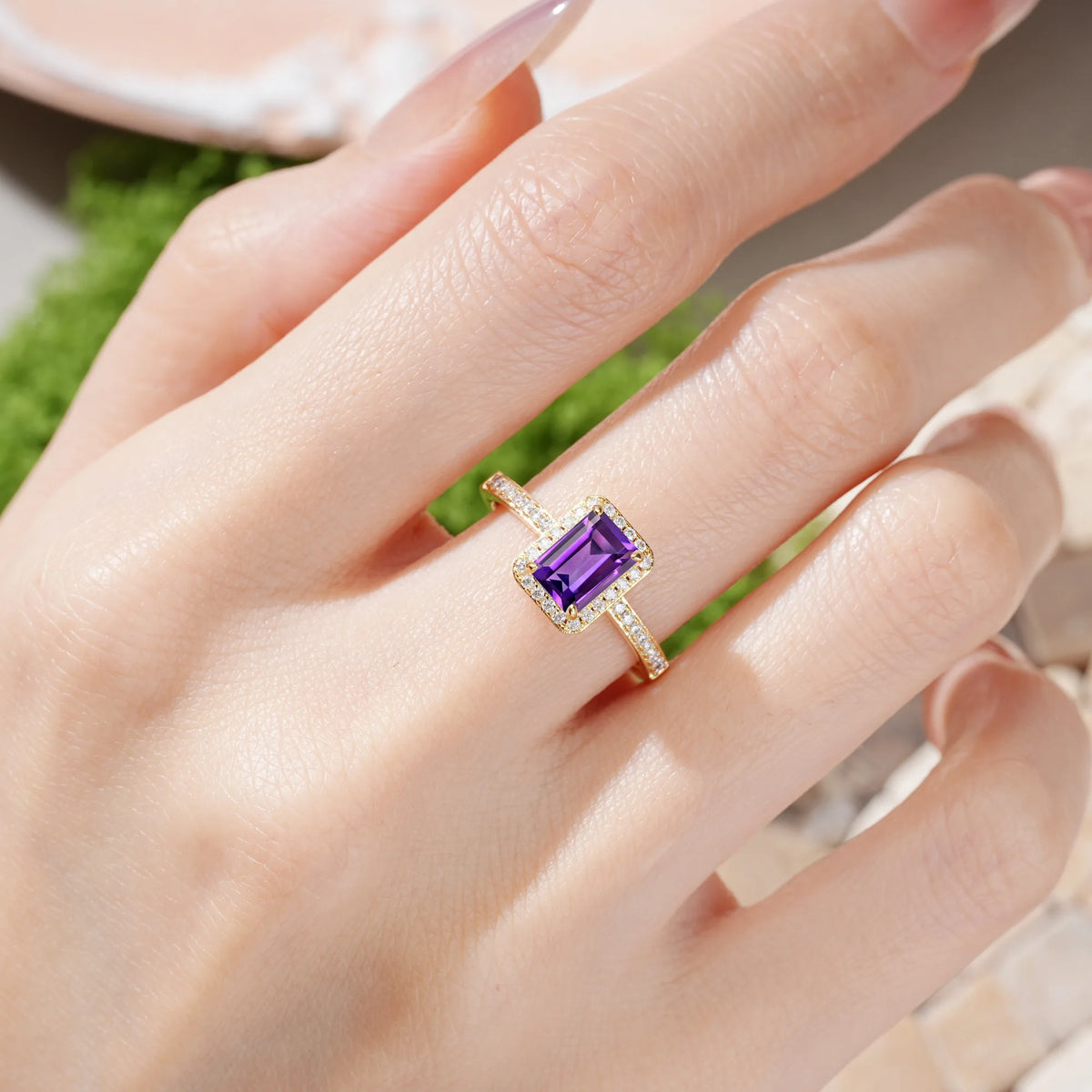 Emerald-Cut Amethyst Classic Pavé-Set, Luxurious 4-Prong Engagement Ring
