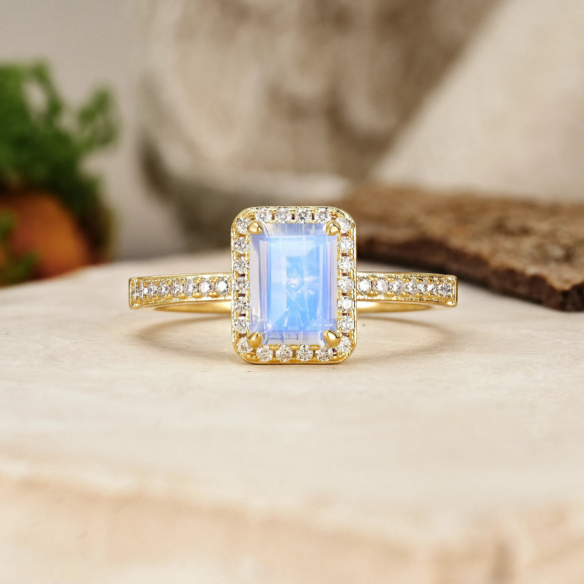 Emerald-Cut Moonstone Classic Pavé-Set, Luxurious 4-Prong Engagement Ring