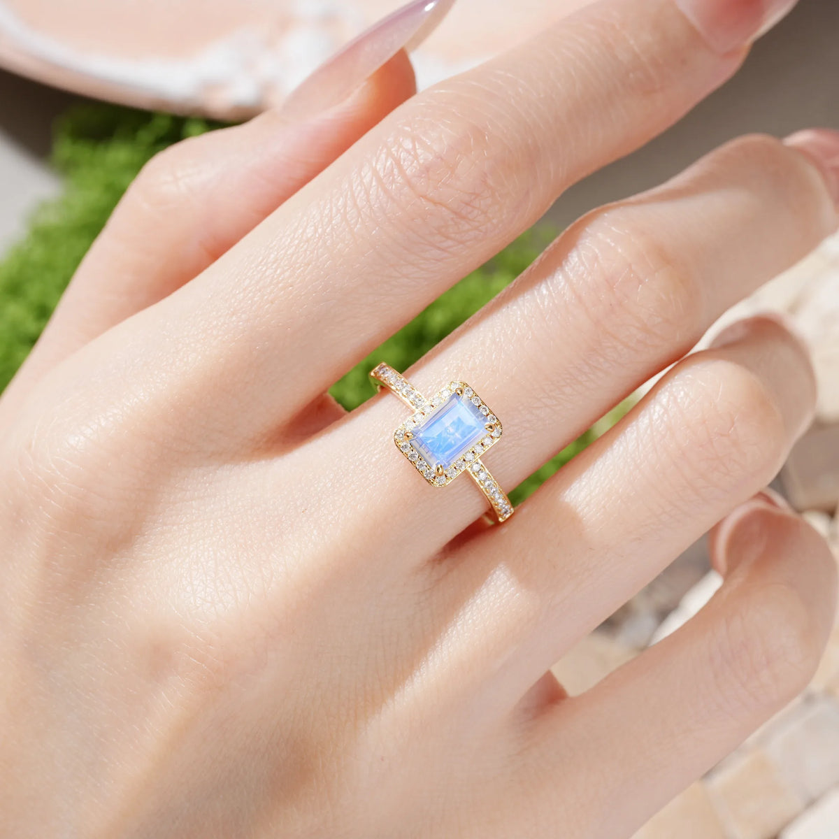 Emerald-Cut Moonstone Classic Pavé-Set, Luxurious 4-Prong Engagement Ring