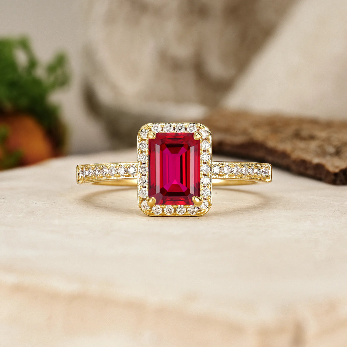 Emerald-Cut Ruby Classic Pavé-Set, Luxurious 4-Prong Engagement Ring