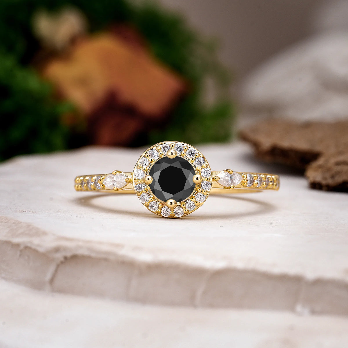 Round Cut Black Onyx Distinctive Pavé Set 4 Prong Engagement Ring