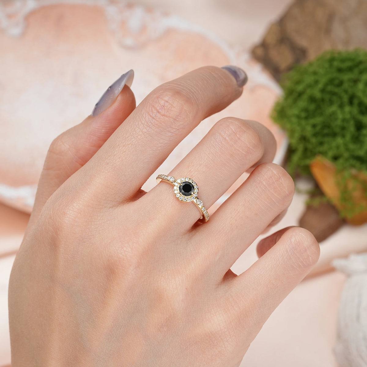 Round Cut Black Onyx Distinctive Pavé Set 4 Prong Engagement Ring