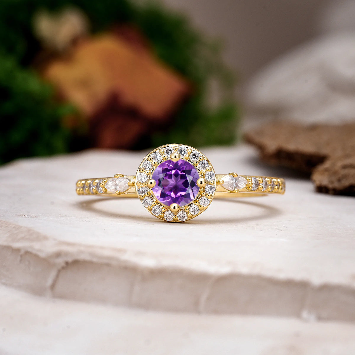 Round Cut Amethyst Distinctive Pavé Set 4 Prong Engagement Ring