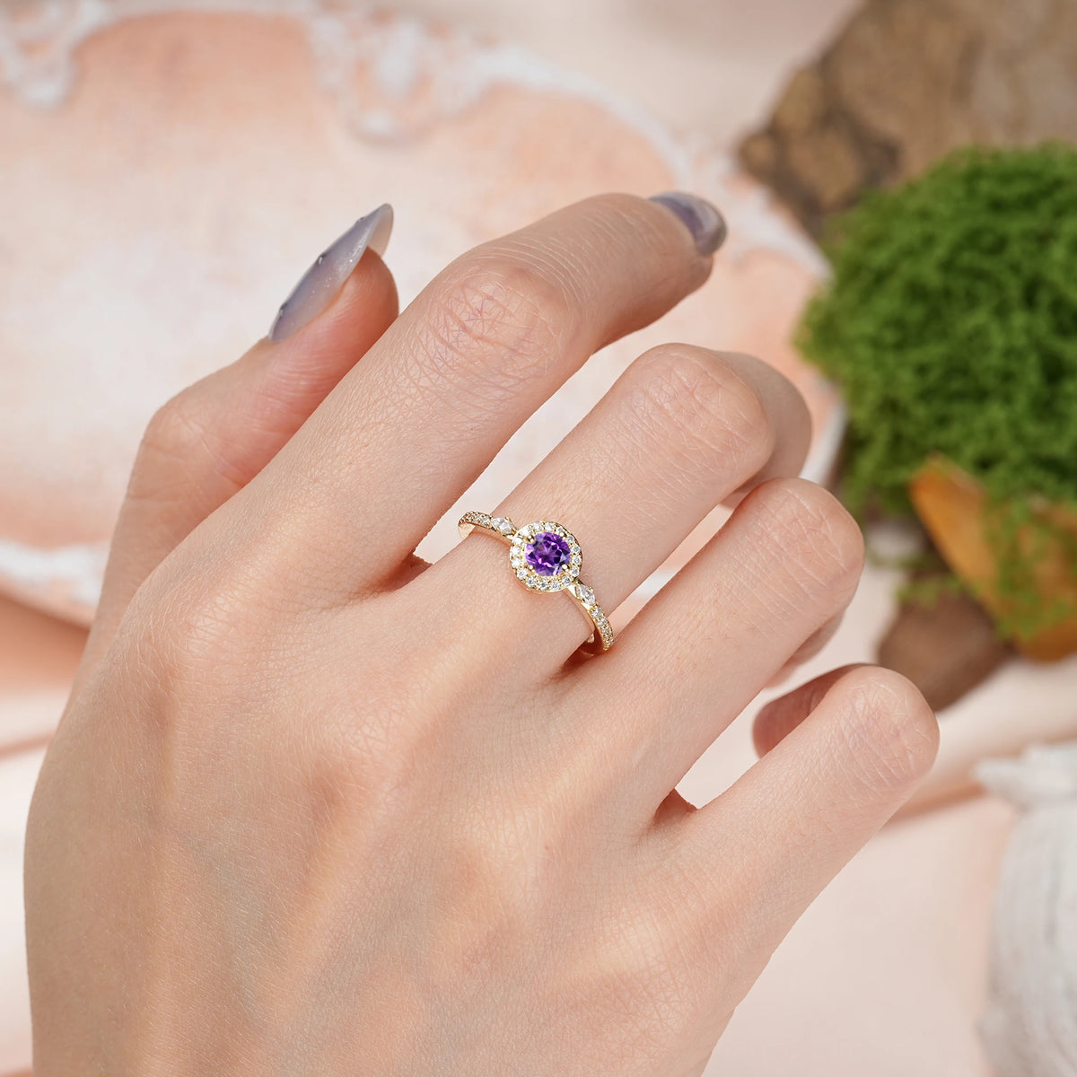 Round Cut Amethyst Distinctive Pavé Set 4 Prong Engagement Ring