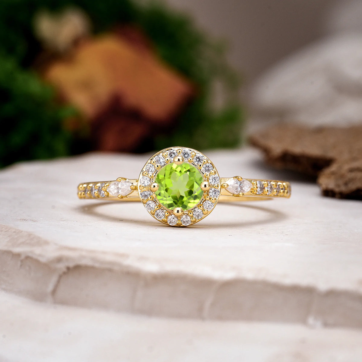 Round Cut Peridot Distinctive Pavé Set 4 Prong Engagement Ring