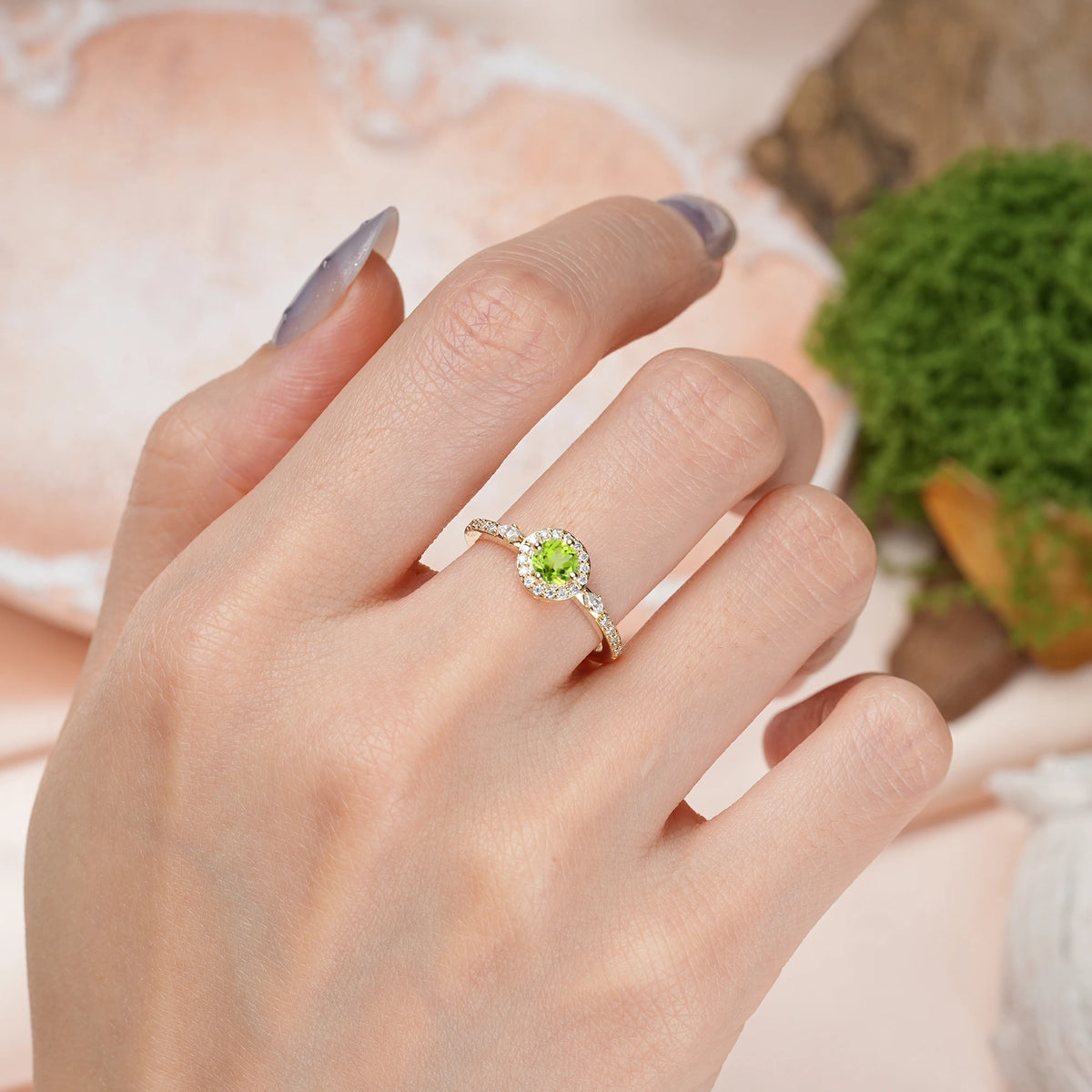 Round Cut Peridot Distinctive Pavé Set 4 Prong Engagement Ring