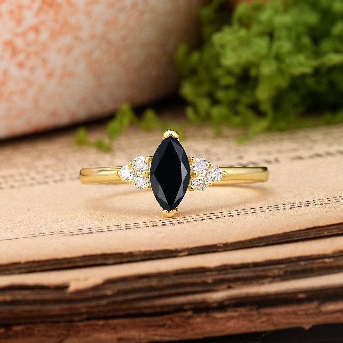 Marquise Cut Black Onyx Luxurious Classic 2-Prong Engagement Ring