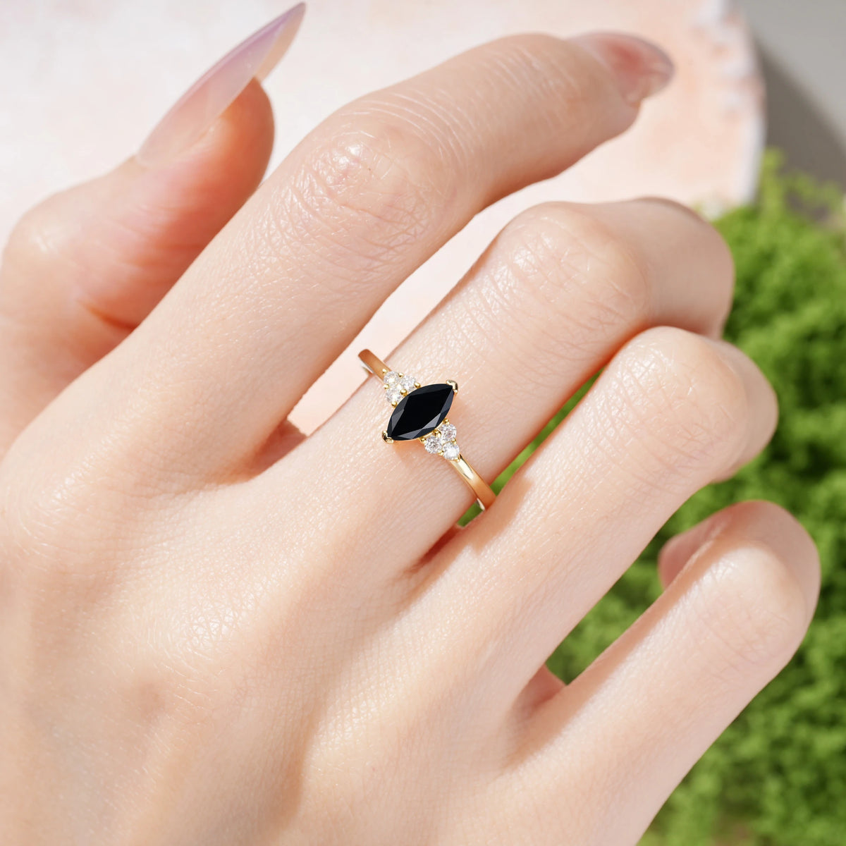 Marquise Cut Black Onyx Luxurious Classic 2-Prong Engagement Ring