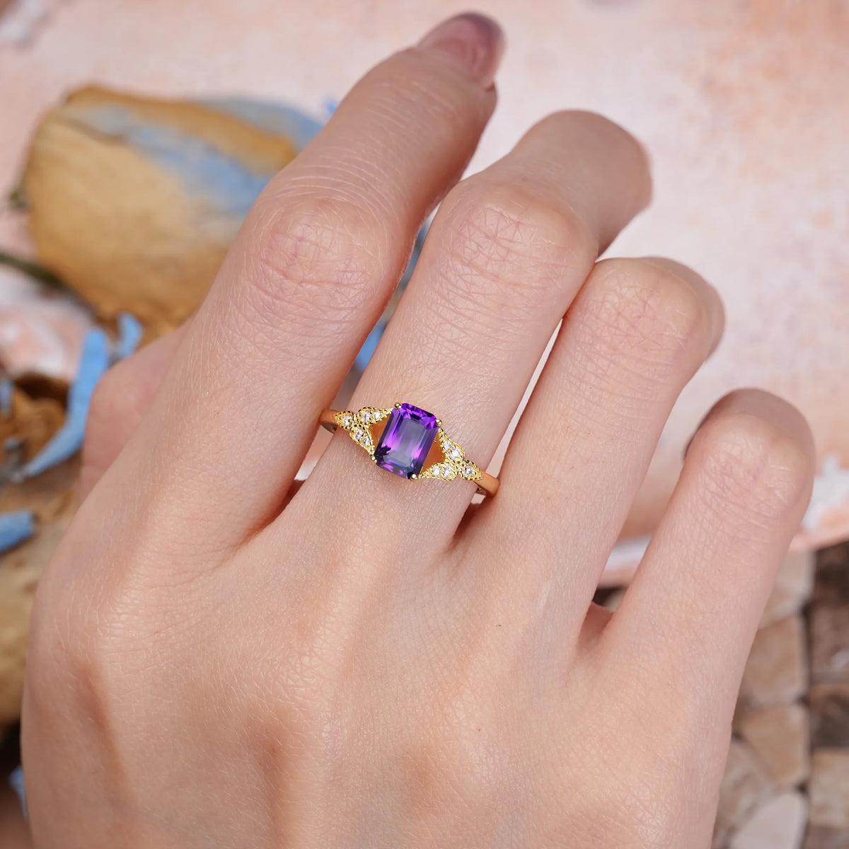Emerald Cut Amethyst Classic Luxury 4 Prong Engagement Ring