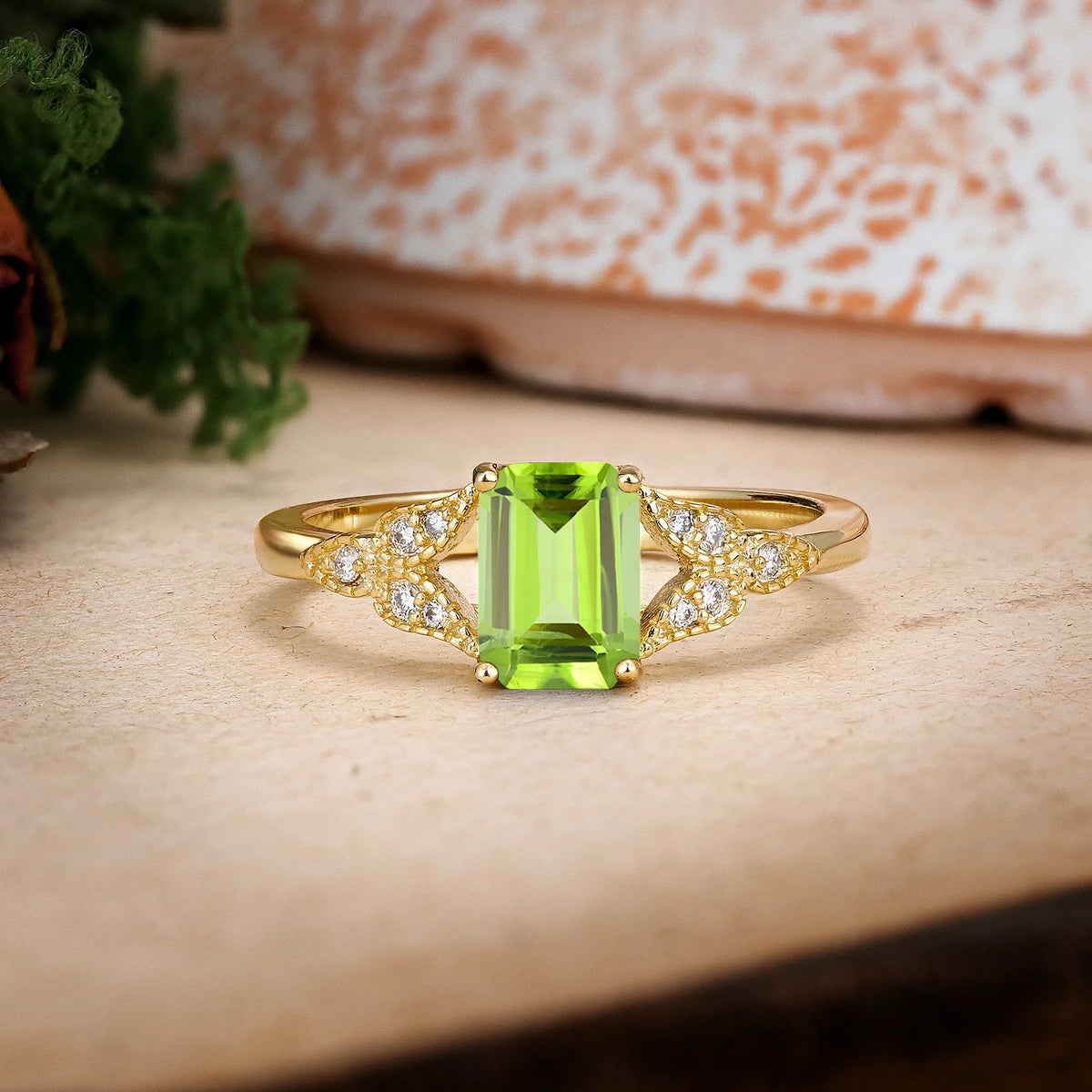 Emerald Cut Peridot Classic Luxury 4 Prong Engagement Ring
