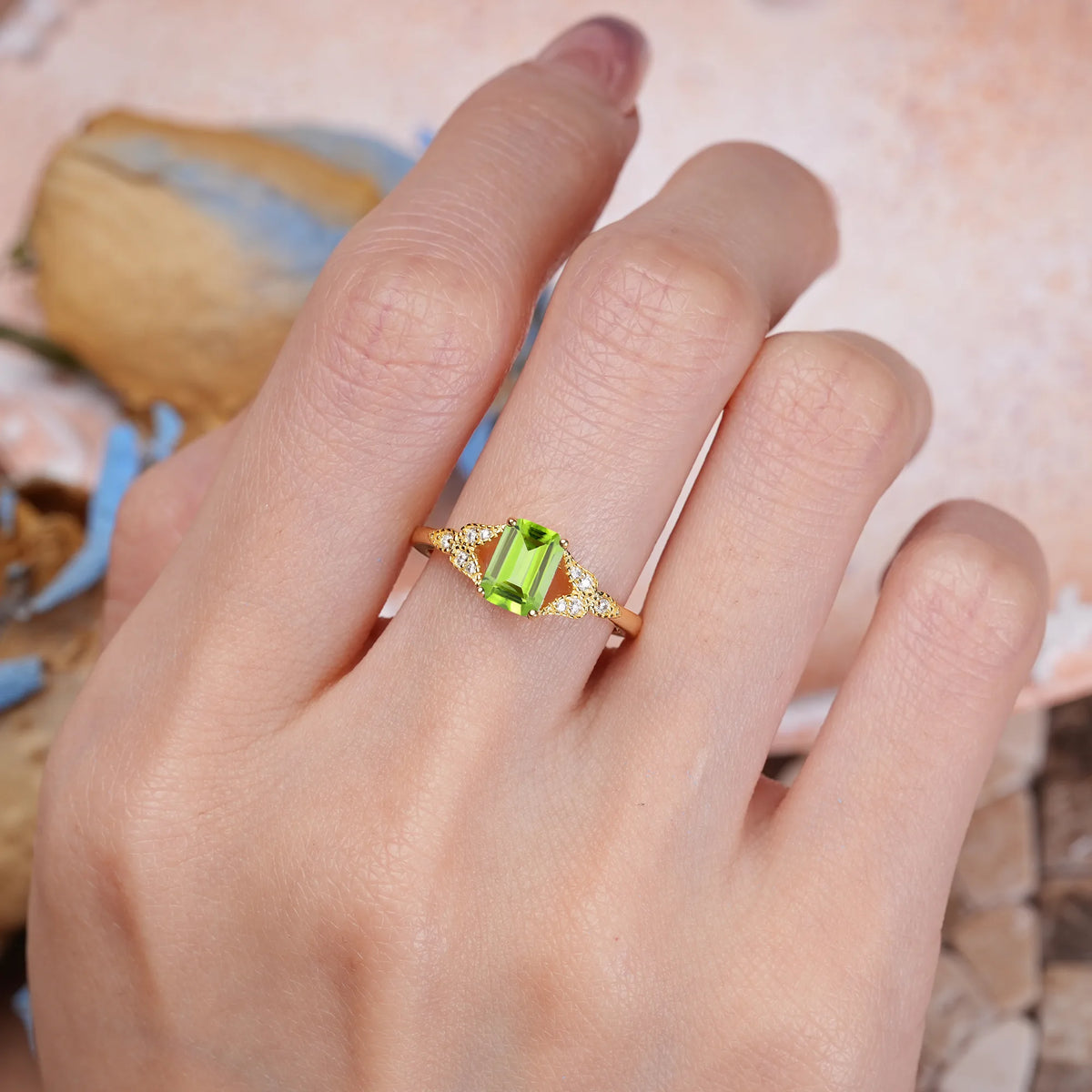 Emerald Cut Peridot Classic Luxury 4 Prong Engagement Ring