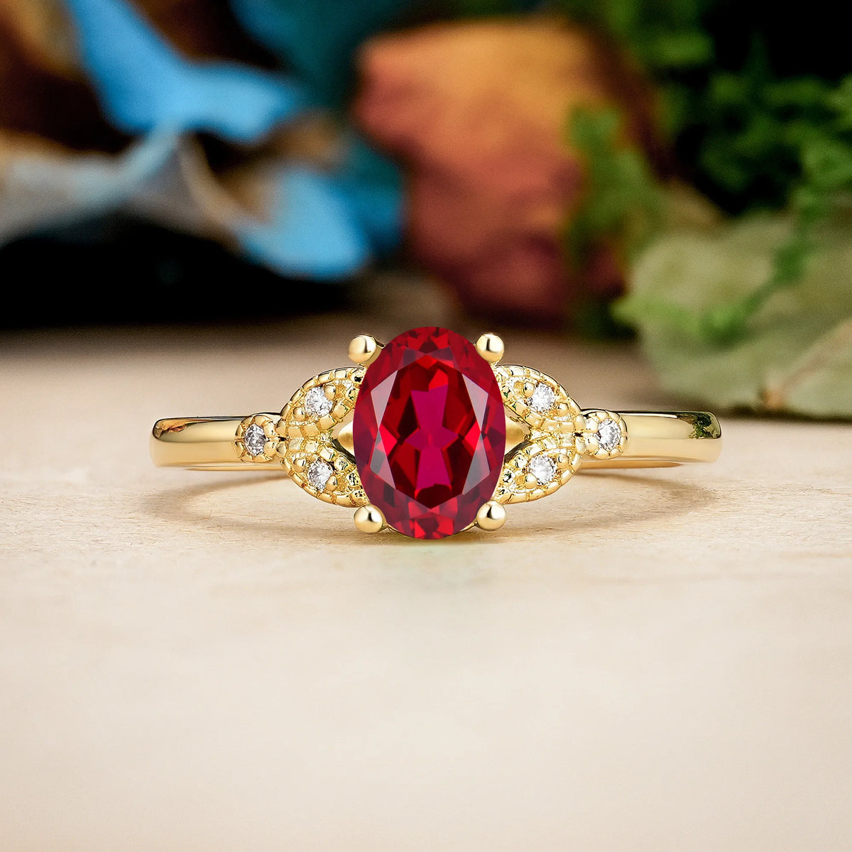 Oval Cut Ruby Luxurious 4-Prong Engagement Ring