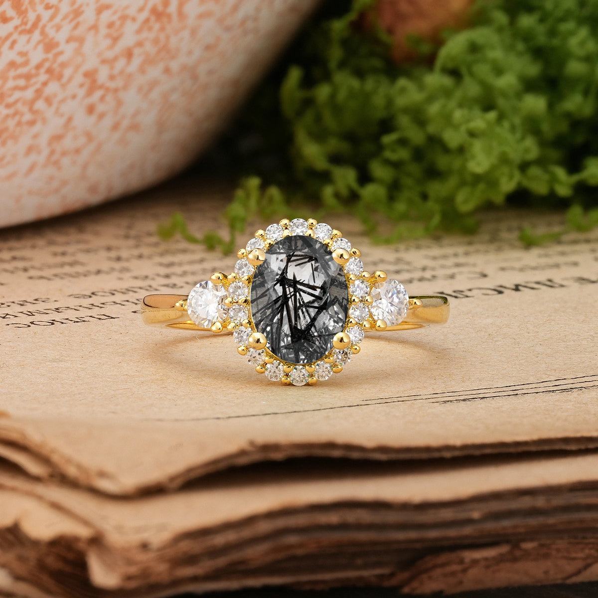 Oval Cut Black Rutilated Quartz Classic Luxury 4-Prong Engagement Ring