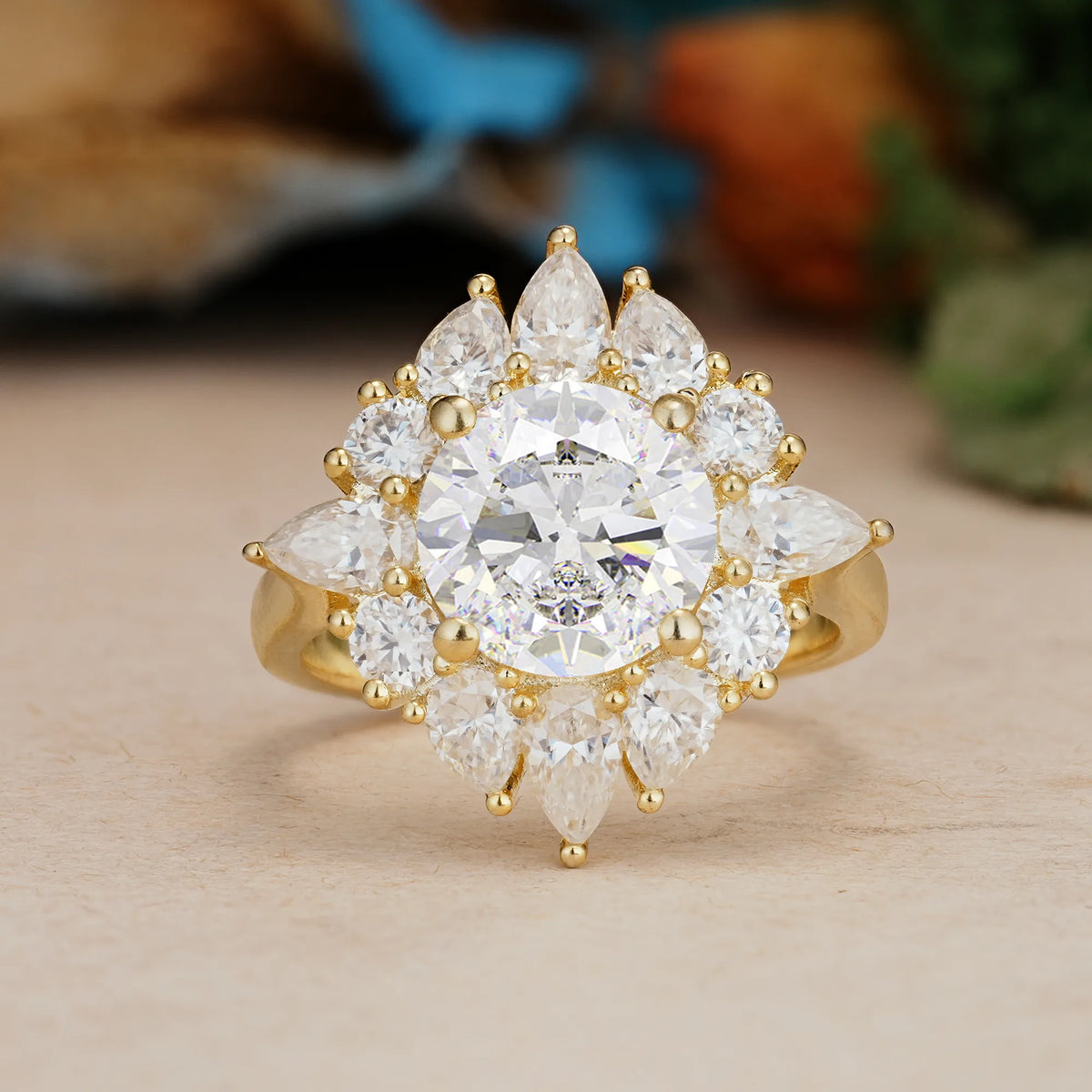 Round Cut Moissanite Stunning Starburst Floral Halo Engagement Ring