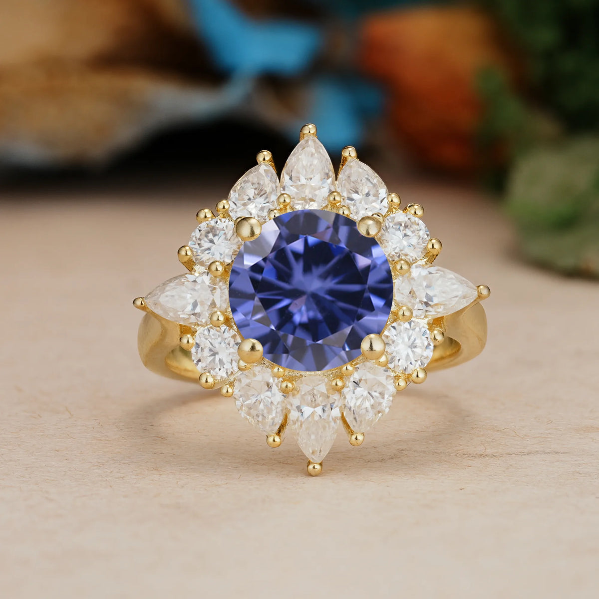 Round Cut Tanzanite Stunning Starburst Floral Halo Engagement Ring