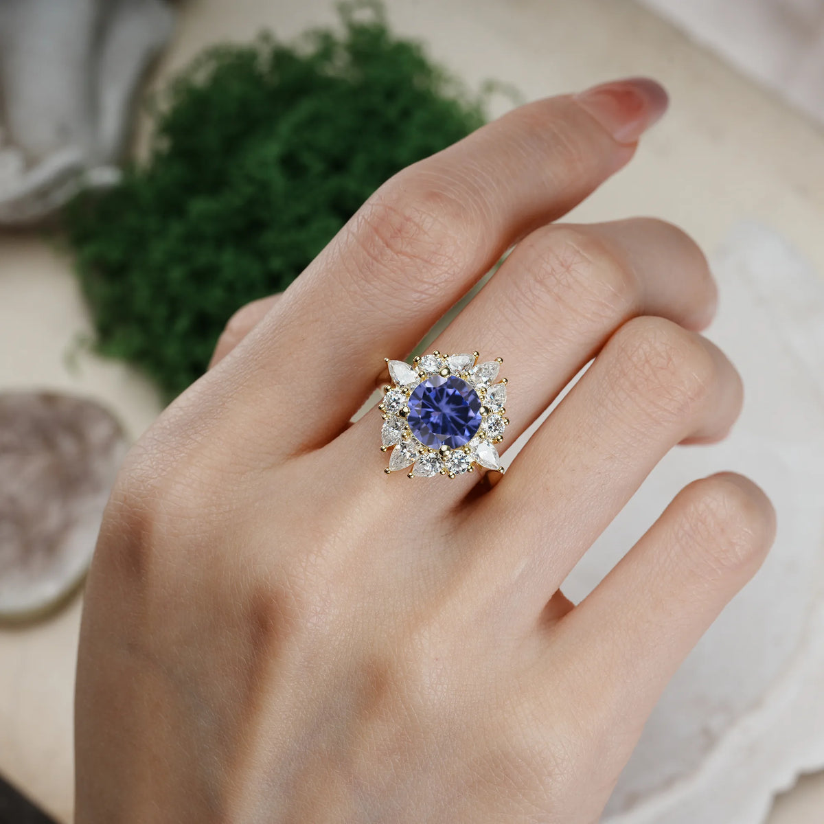Round Cut Tanzanite Stunning Starburst Floral Halo Engagement Ring