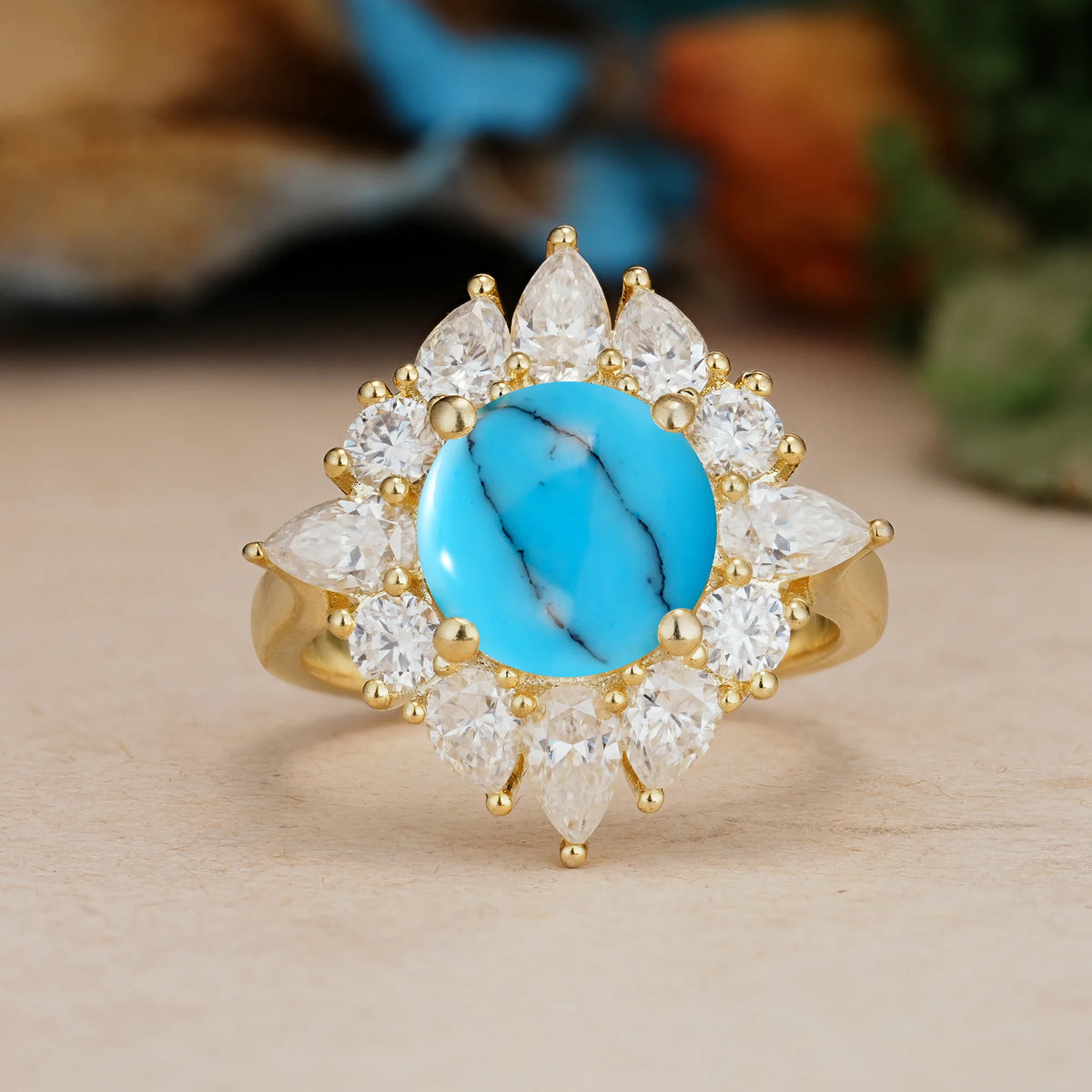Round Cut Turquoise Stunning Starburst Floral Halo Engagement Ring