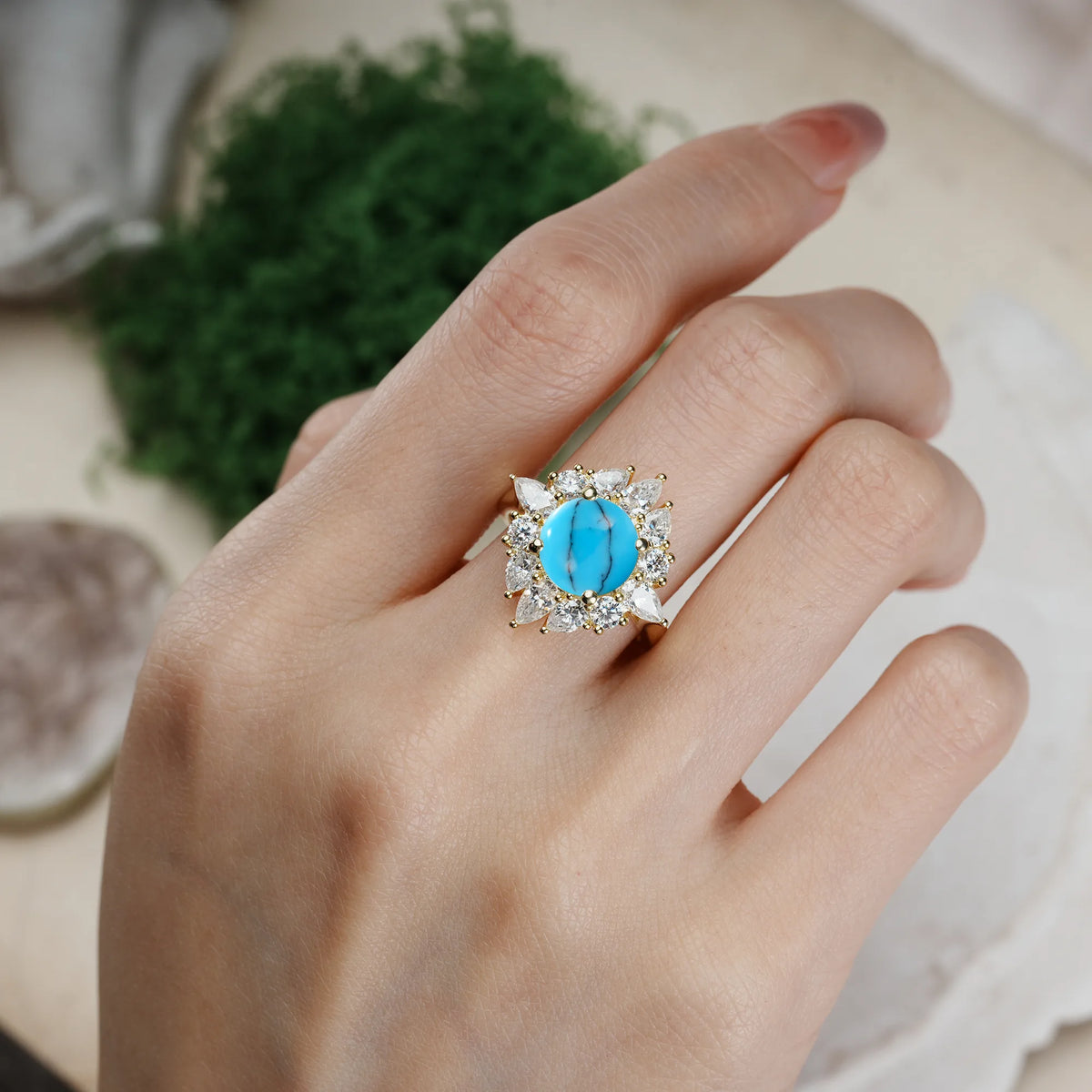 Round Cut Turquoise Stunning Starburst Floral Halo Engagement Ring