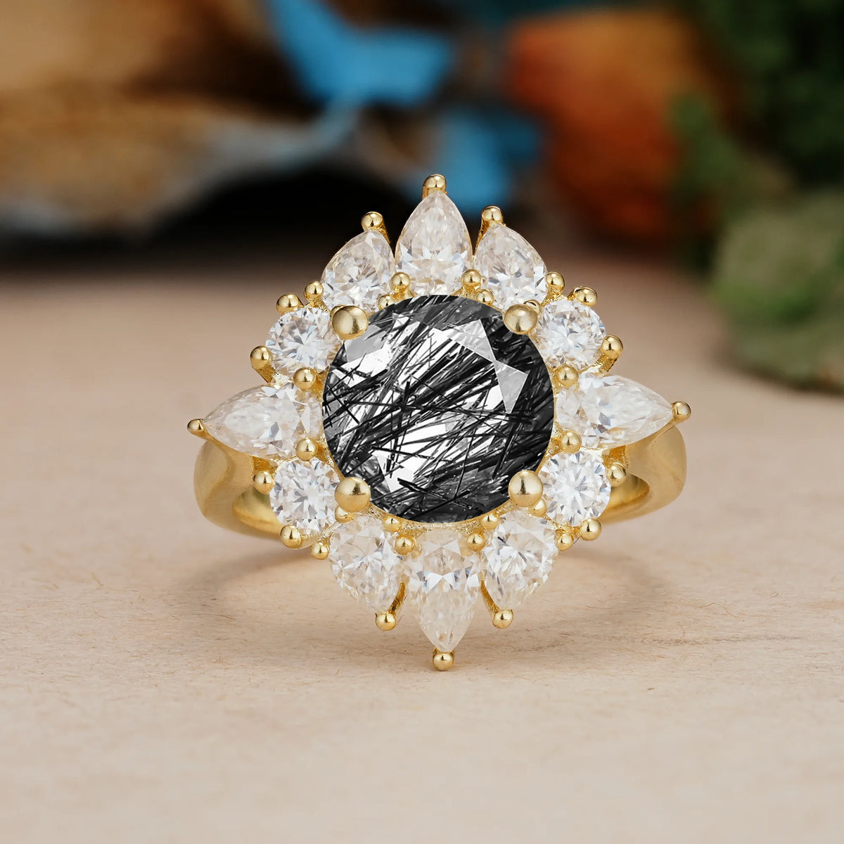 Round Cut Black Rutilated Quartz Stunning Starburst Floral Halo Engagement Ring