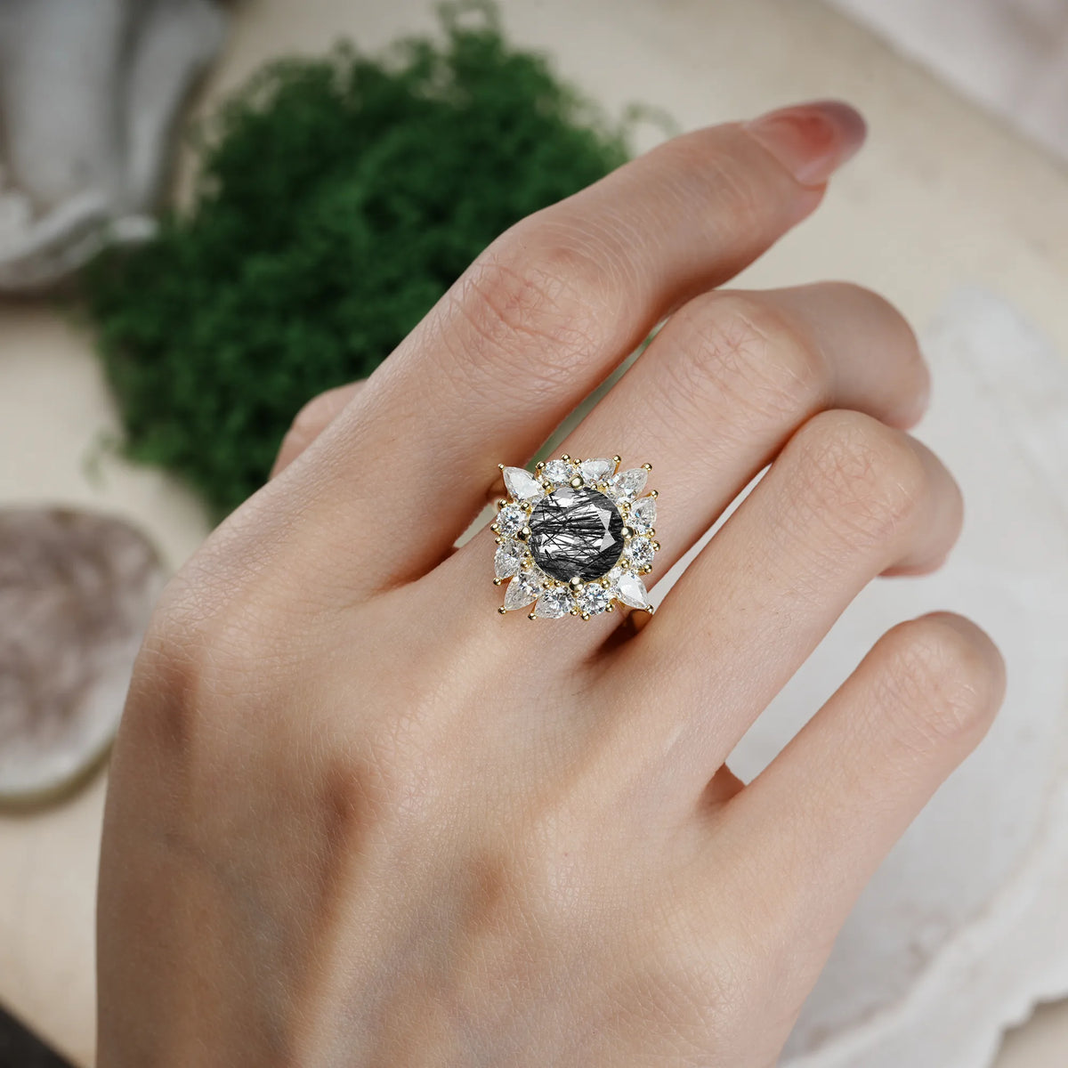 Round Cut Black Rutilated Quartz Stunning Starburst Floral Halo Engagement Ring
