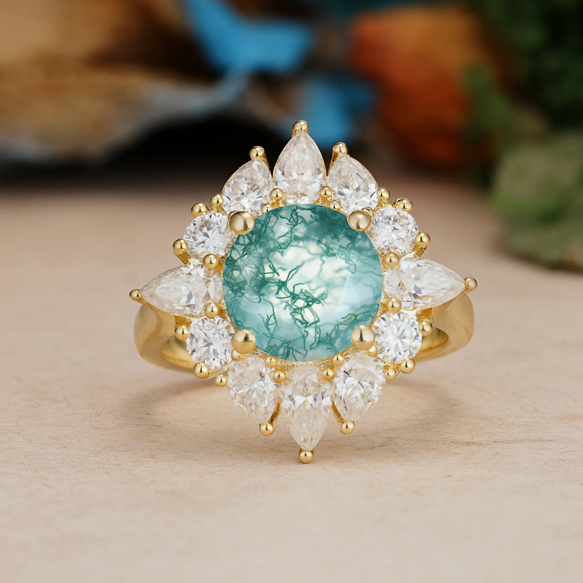 Round Cut Moss Agate Stunning Starburst Floral Halo Engagement Ring