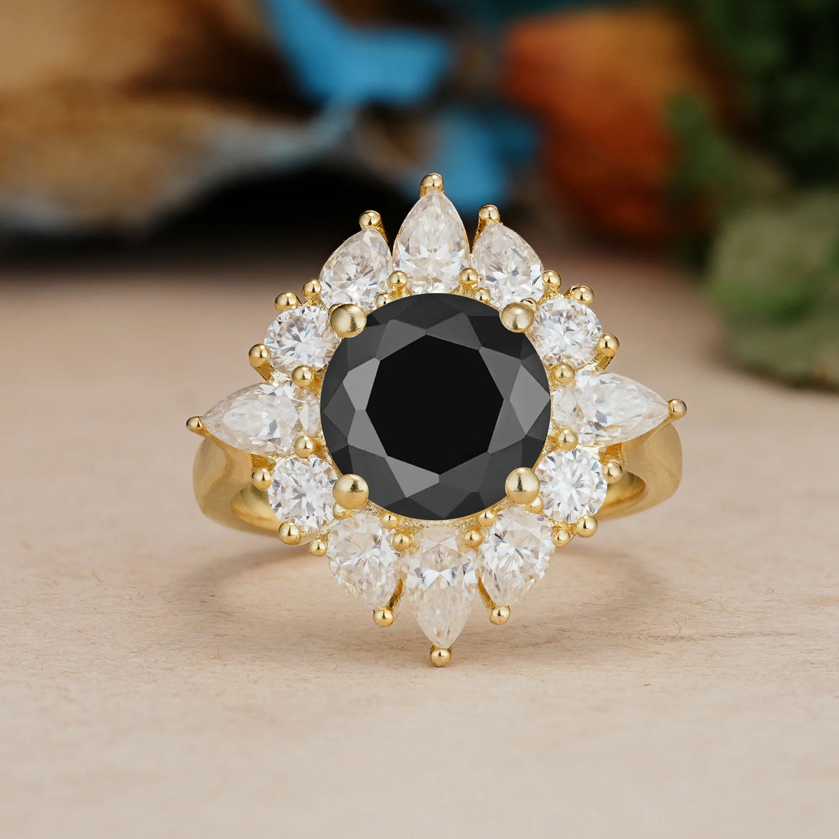 Round Cut Black Onyx Stunning Starburst Floral Halo Engagement Ring