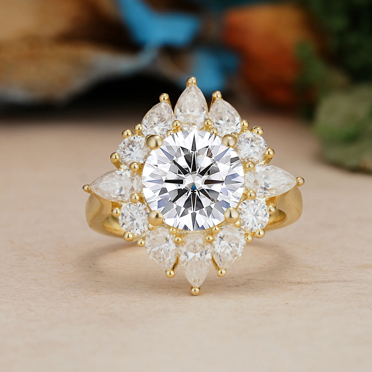 Round Cut Lab Diamond Stunning Starburst Floral Halo Engagement Ring