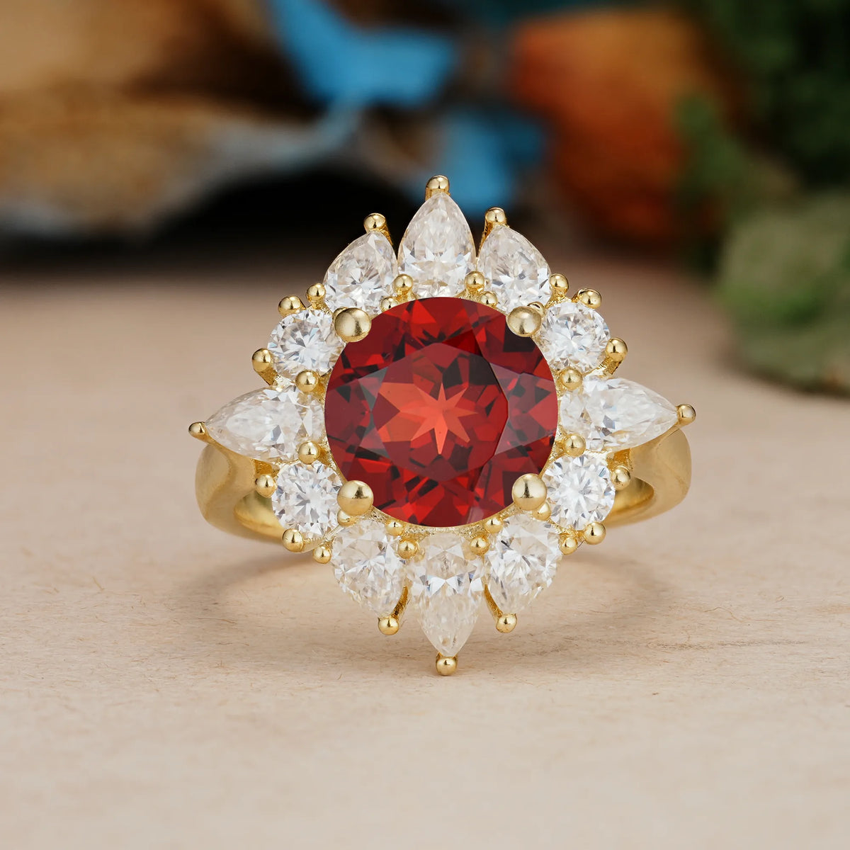 Round Cut Garnet Stunning Starburst Floral Halo Engagement Ring