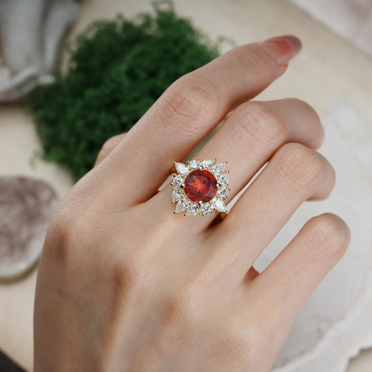 Round Cut Garnet Stunning Starburst Floral Halo Engagement Ring