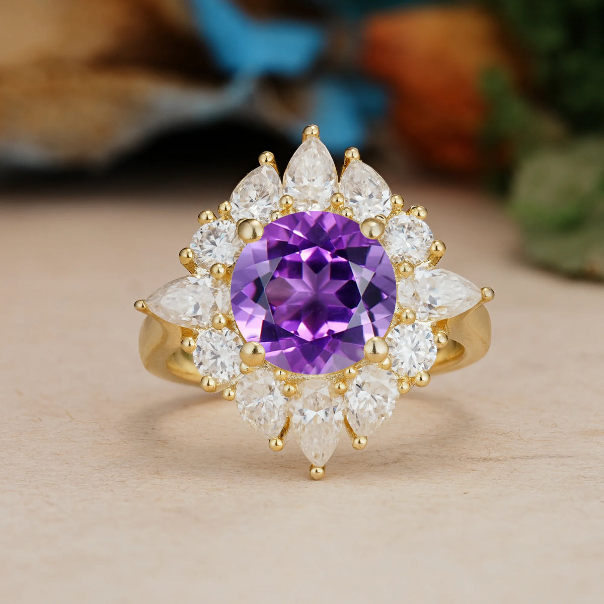 Round Cut Amethyst Stunning Starburst Floral Halo Engagement Ring