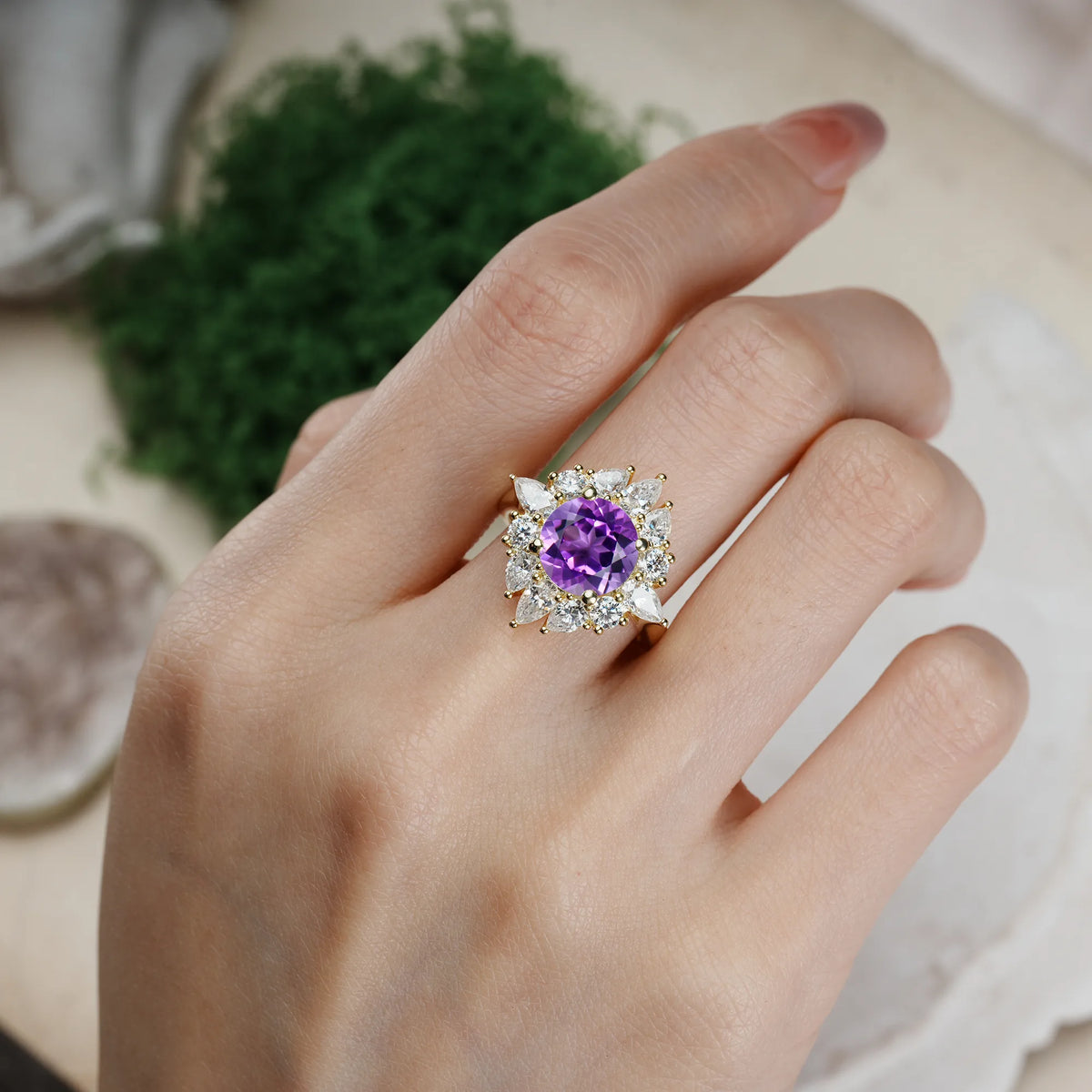 Round Cut Amethyst Stunning Starburst Floral Halo Engagement Ring