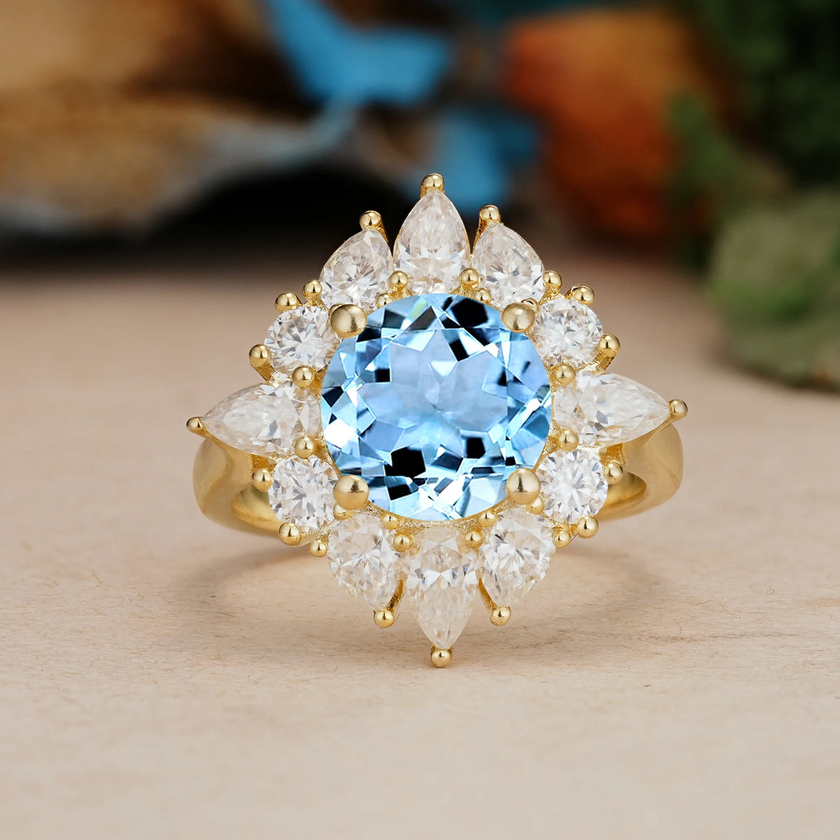 Round Cut Aquamarine Stunning Starburst Floral Halo Engagement Ring
