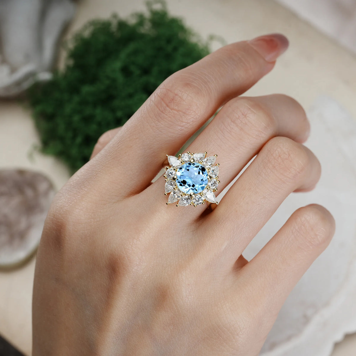 Round Cut Aquamarine Stunning Starburst Floral Halo Engagement Ring