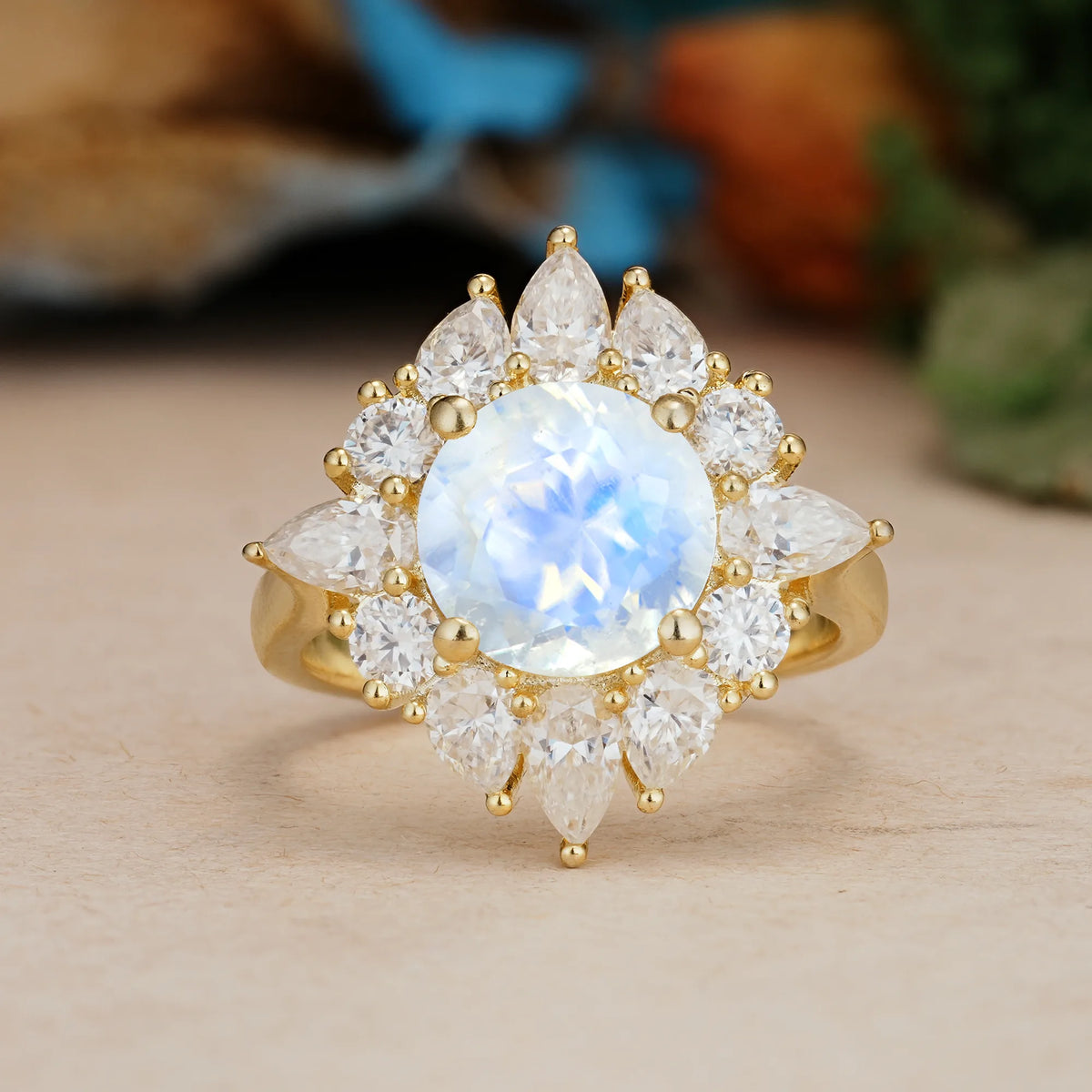Round Cut Moonstone Stunning Starburst Floral Halo Engagement Ring