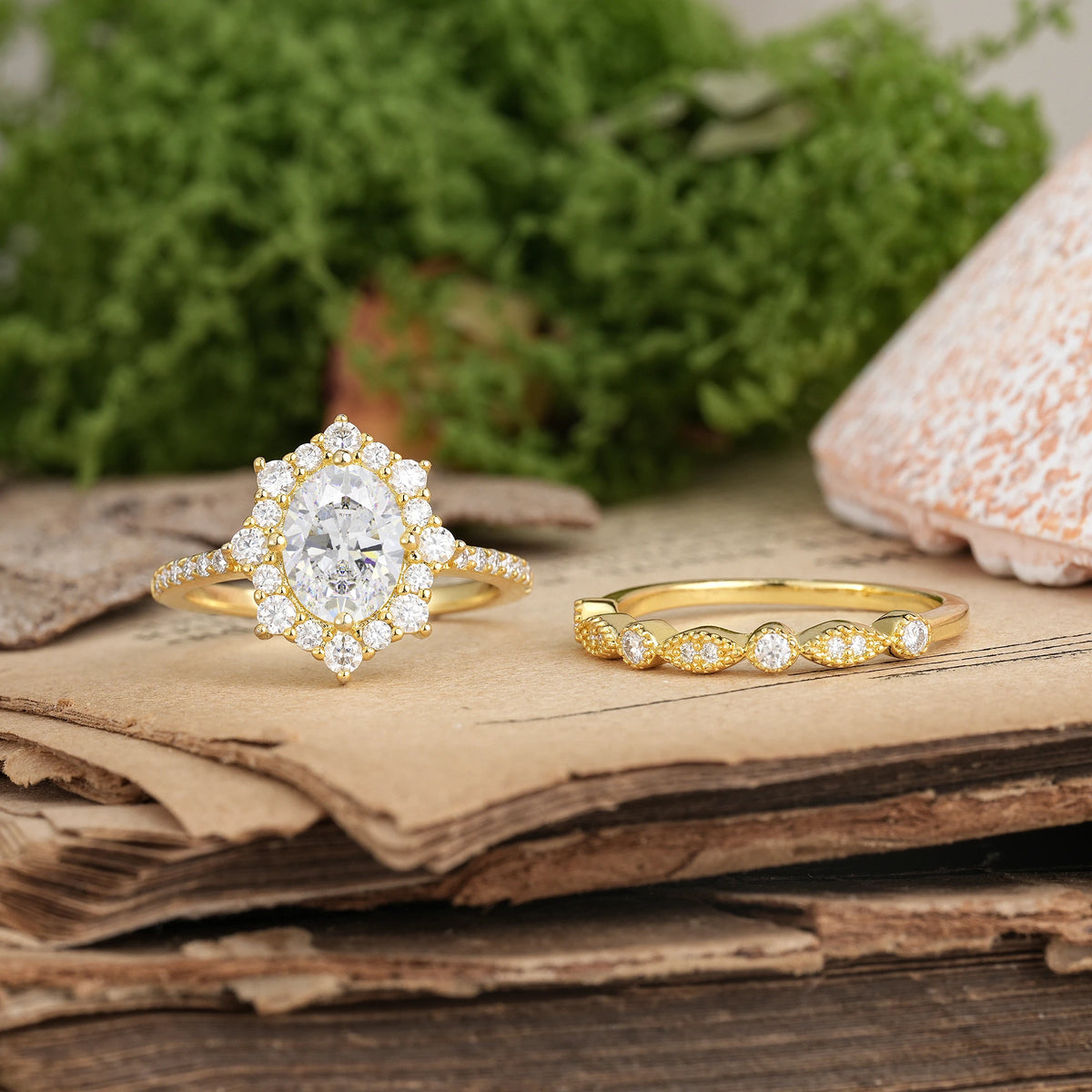Oval Cut Moissanite Minimal Polished Inner Band Two In One Halo Vintage Lace Stackable Bridal ring set