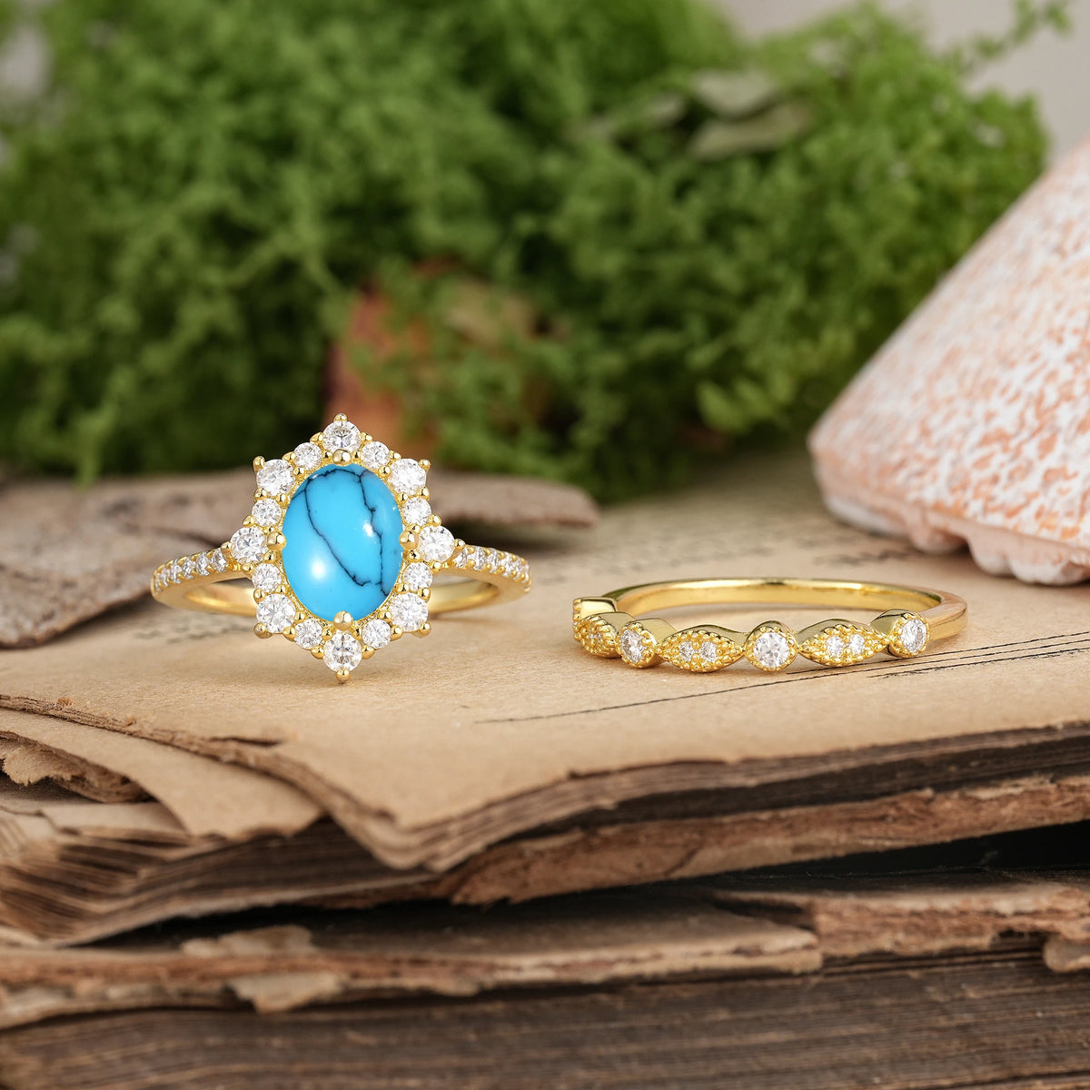 Oval Cut Turquoise Minimal Polished Inner Band Two In One Halo Vintage Lace Stackable Bridal ring set