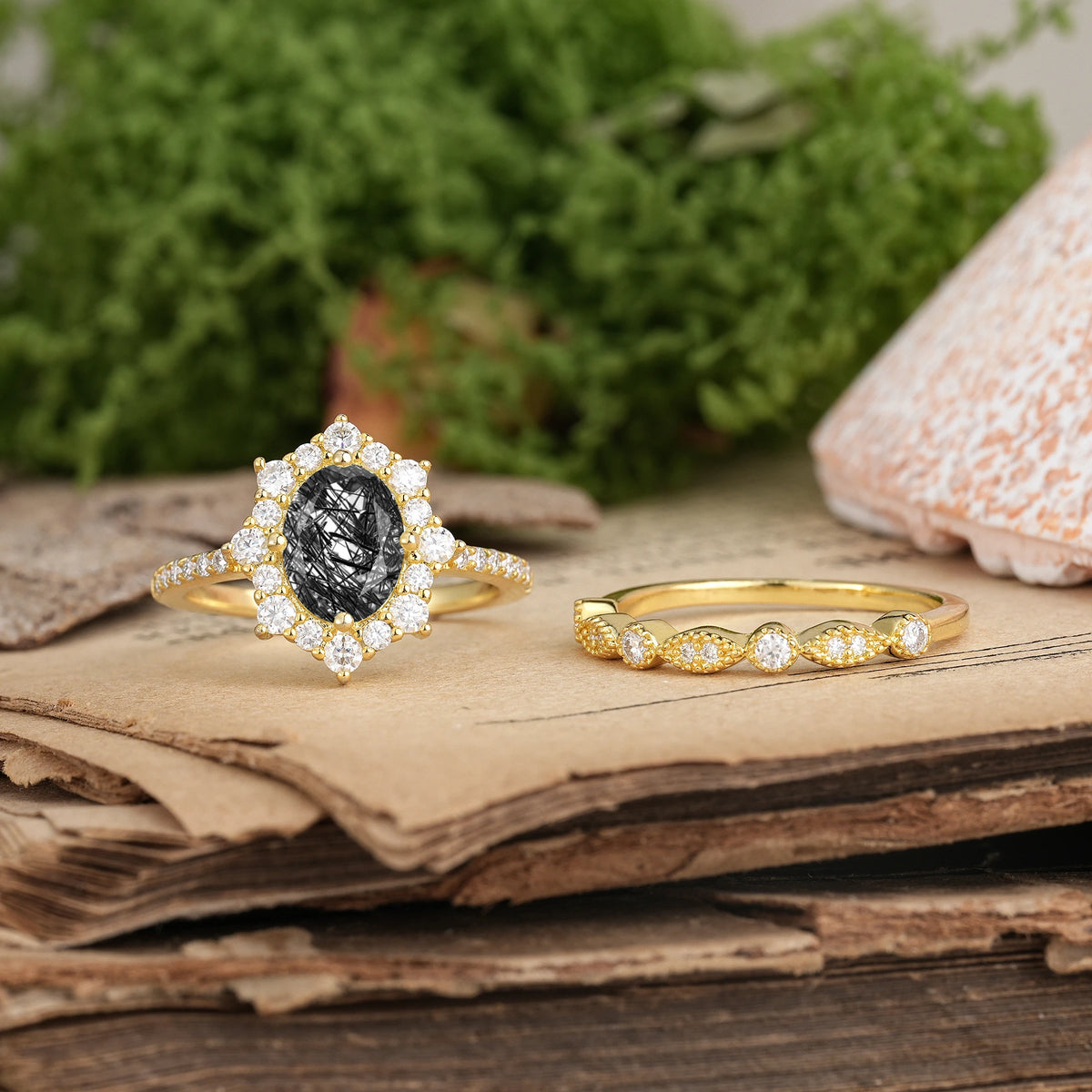 Oval Cut Black Rutilated Quartz Minimal Polished Inner Band Two In One Halo Vintage Lace Stackable Bridal ring set