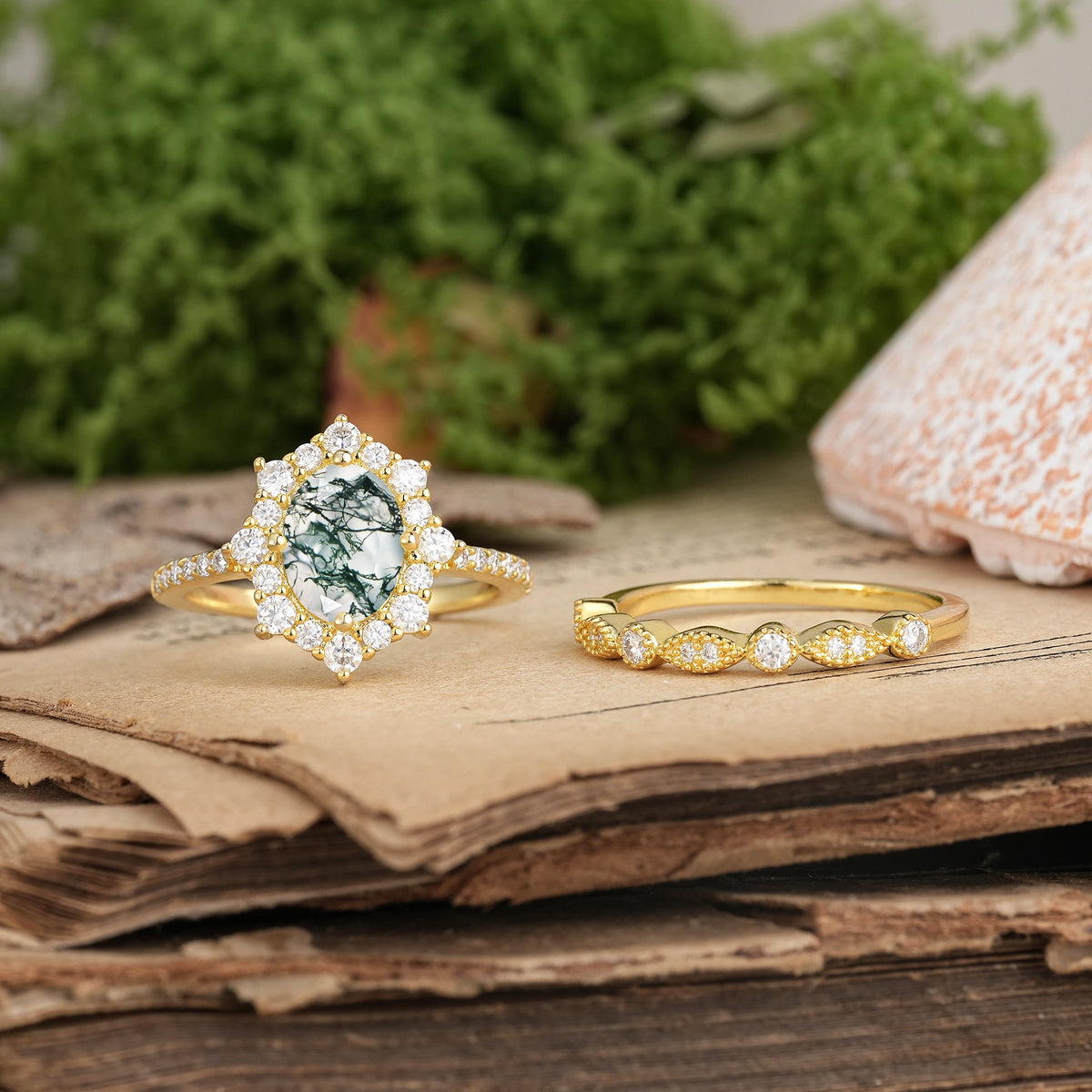 Oval Cut Moss Agate Minimal Polished Inner Band Two In One Halo Vintage Lace Stackable Bridal ring set