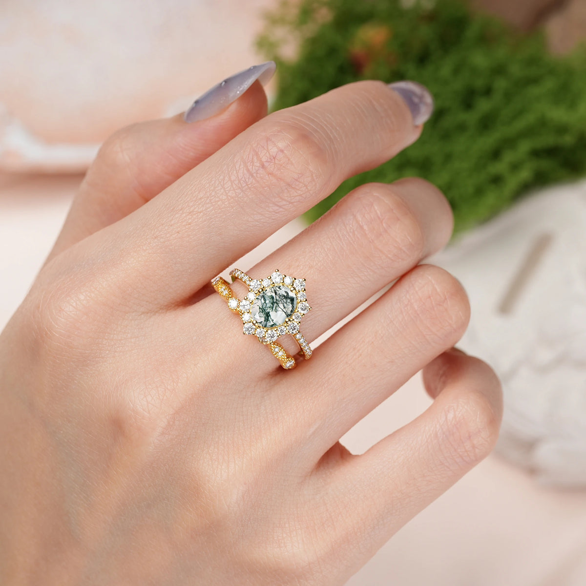 Oval Cut Moss Agate Minimal Polished Inner Band Two In One Halo Vintage Lace Stackable Bridal ring set