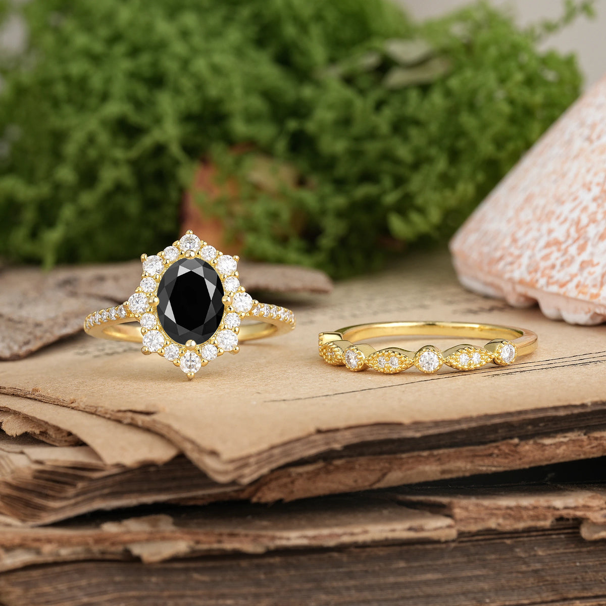 Oval Cut Black Onyx Minimal Polished Inner Band Two In One Halo Vintage Lace Stackable Bridal ring set