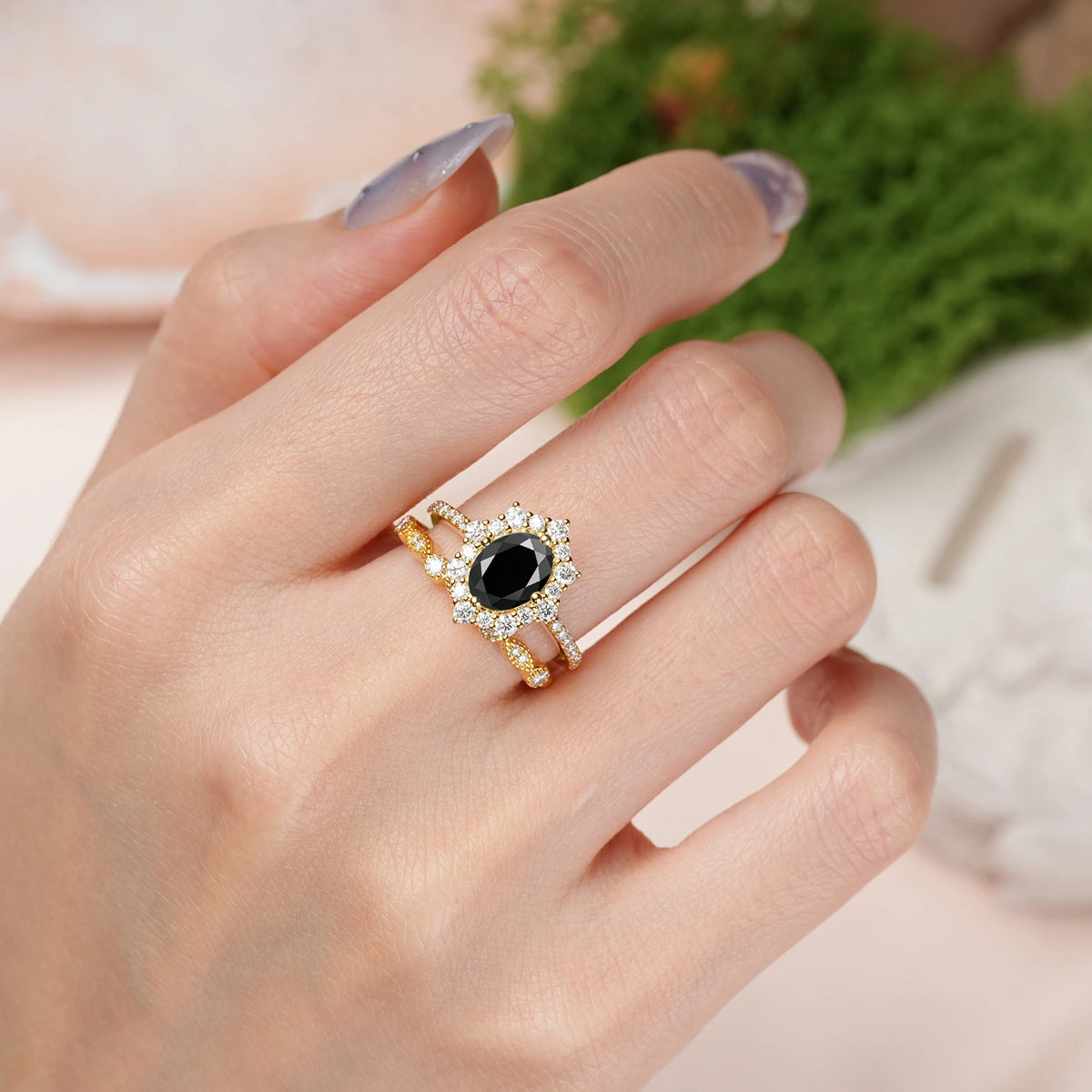 Oval Cut Black Onyx Minimal Polished Inner Band Two In One Halo Vintage Lace Stackable Bridal ring set