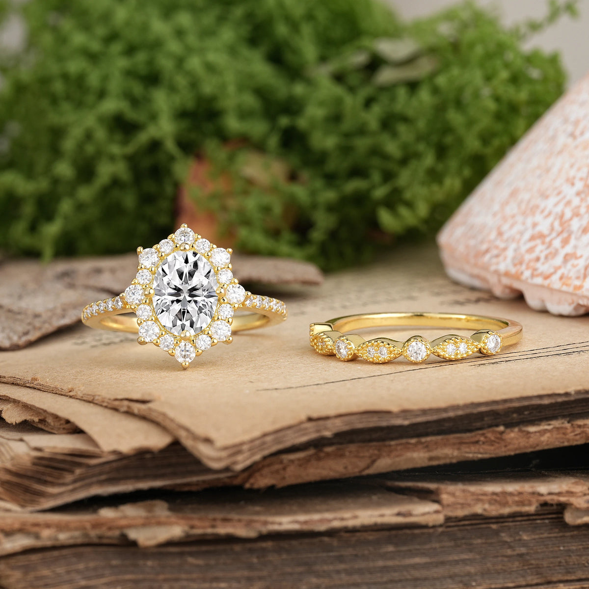 Oval Cut Lab Diamond Minimal Polished Inner Band Two In One Halo Vintage Lace Stackable Bridal ring set