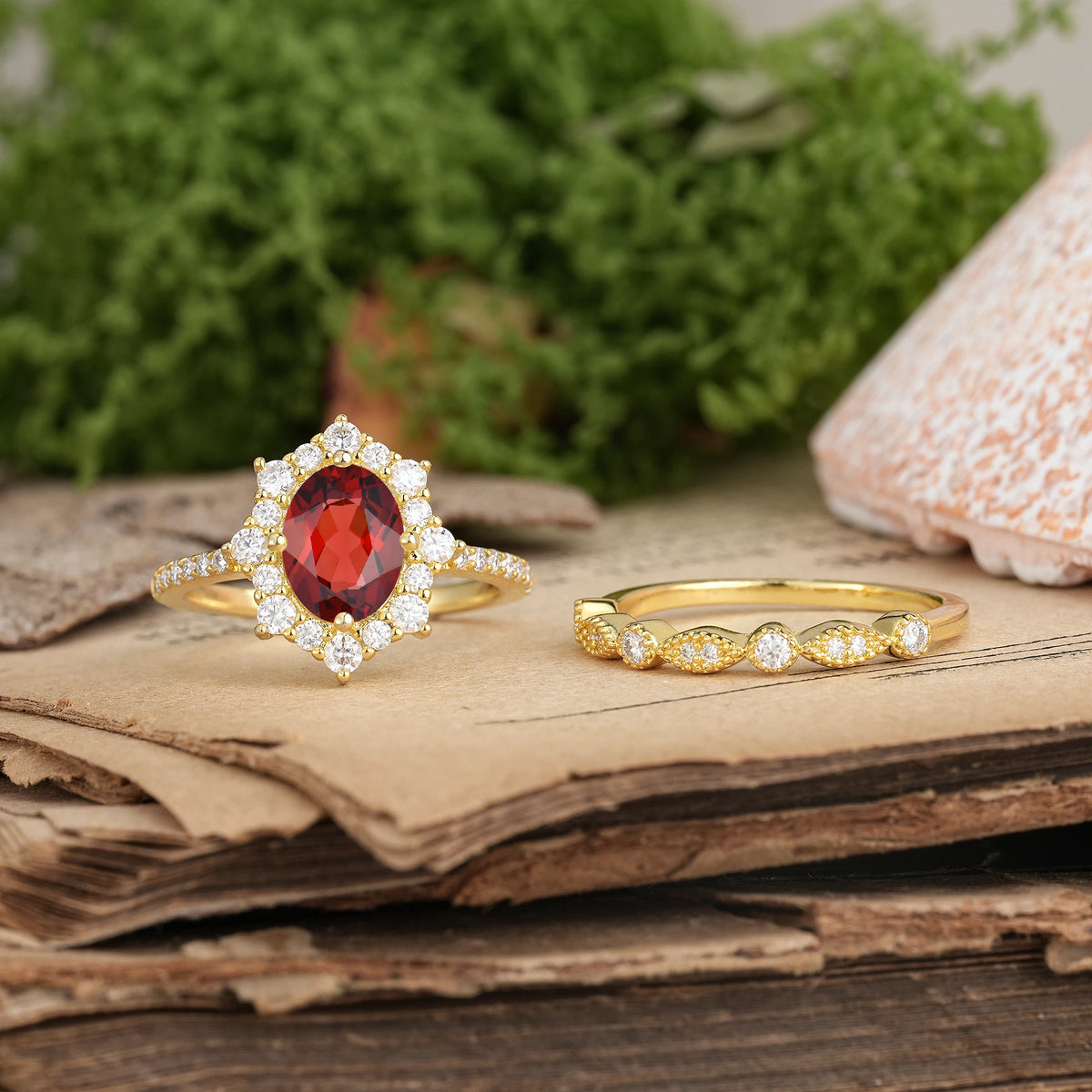 Oval Cut Garnet Minimal Polished Inner Band Two In One Halo Vintage Lace Stackable Bridal ring set