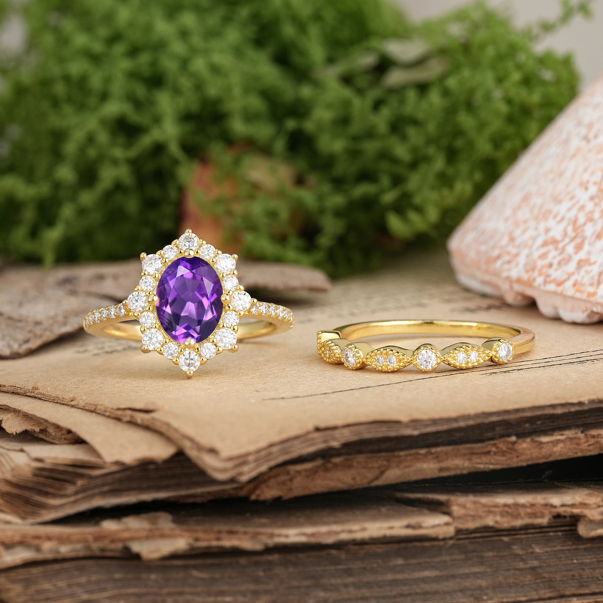 Oval Cut Amethyst Minimal Polished Inner Band Two In One Halo Vintage Lace Stackable Bridal ring set