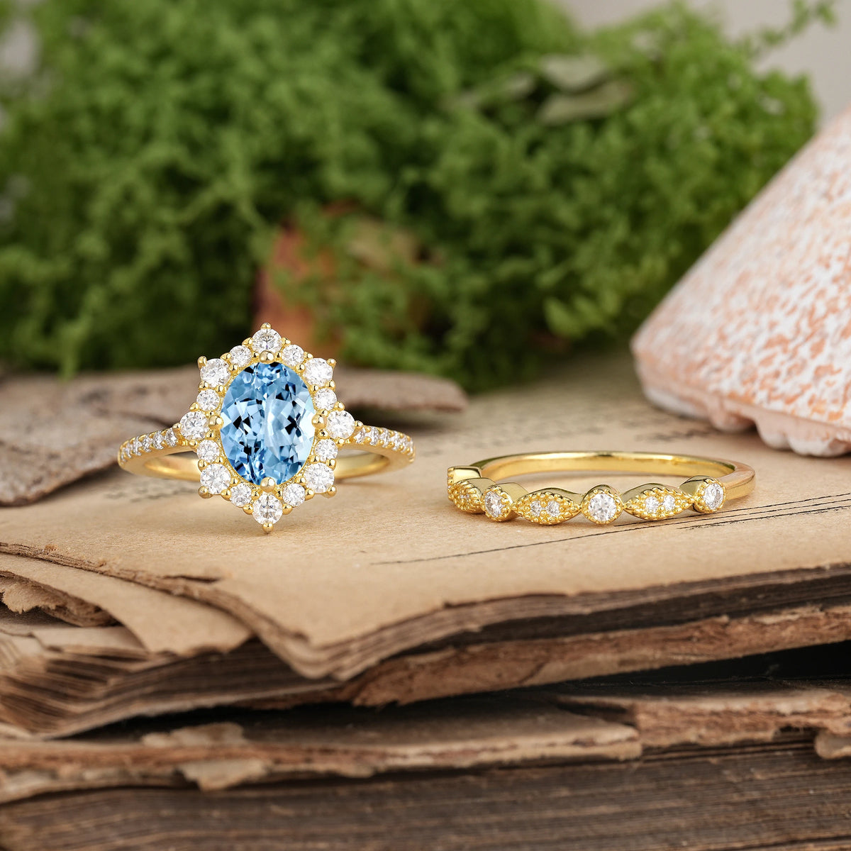 Oval Cut Aquamarine Minimal Polished Inner Band Two In One Halo Vintage Lace Stackable Bridal ring set