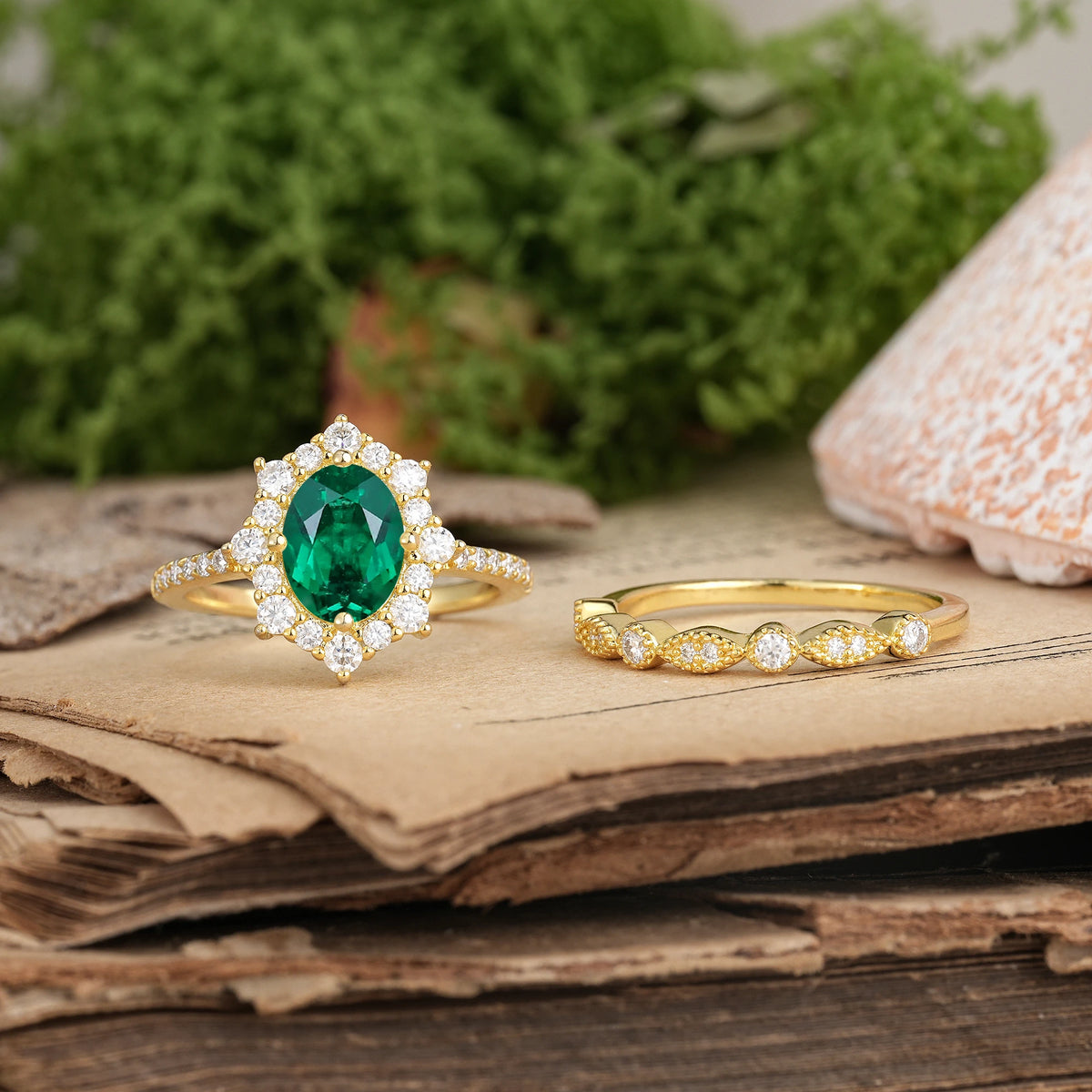 Oval Cut Emerald Minimal Polished Inner Band Two In One Halo Vintage Lace Stackable Bridal ring set