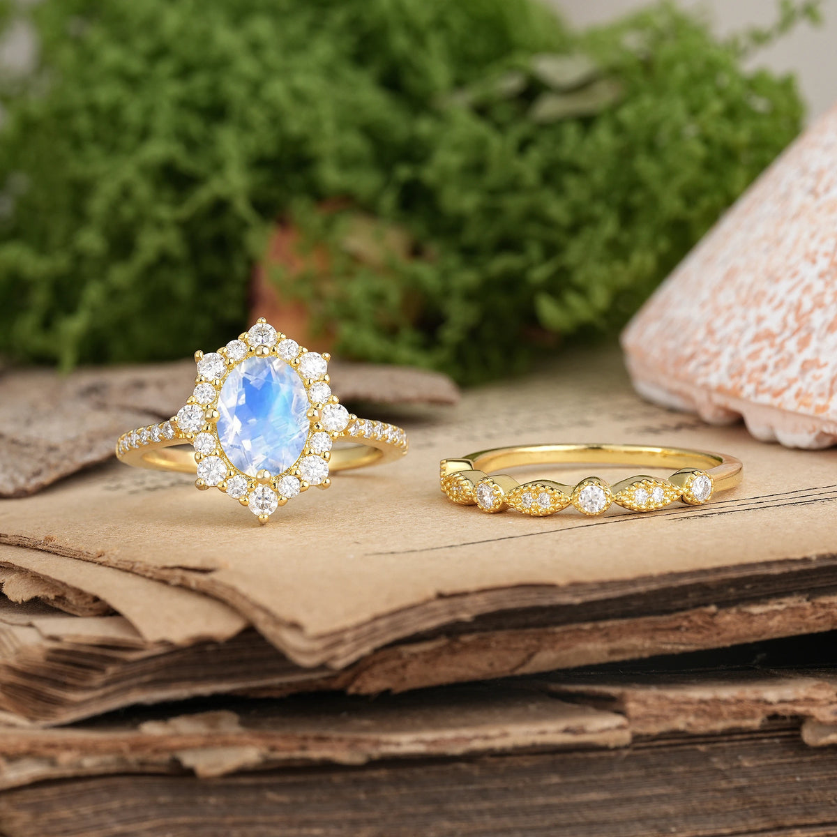 Oval Cut Moonstone Minimal Polished Inner Band Two In One Halo Vintage Lace Stackable Bridal ring set