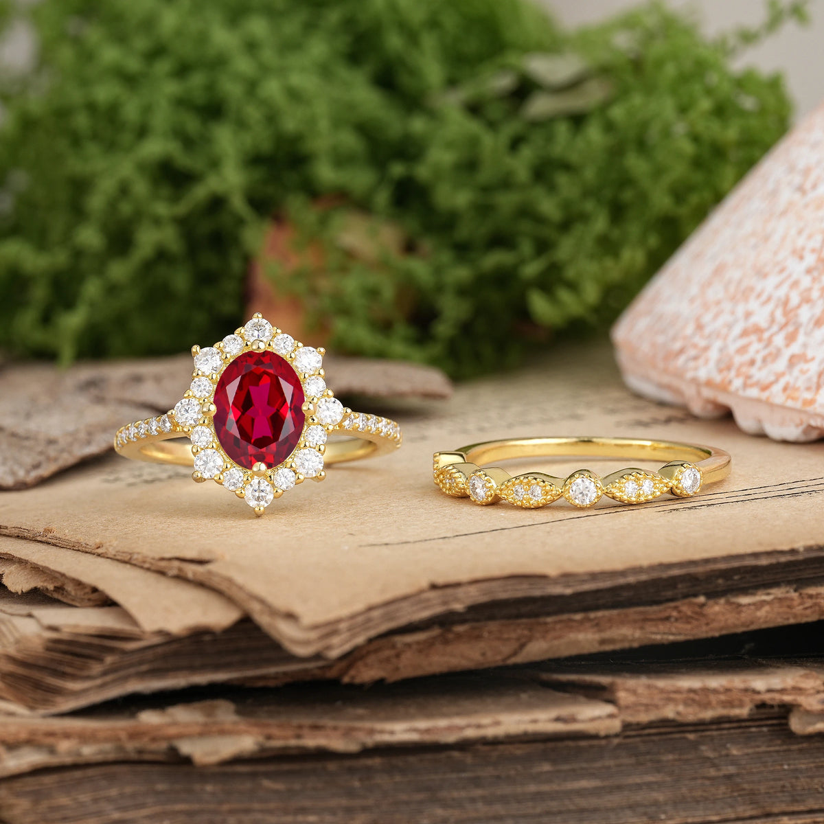 Oval Cut Ruby Minimal Polished Inner Band Two In One Halo Vintage Lace Stackable Bridal ring set
