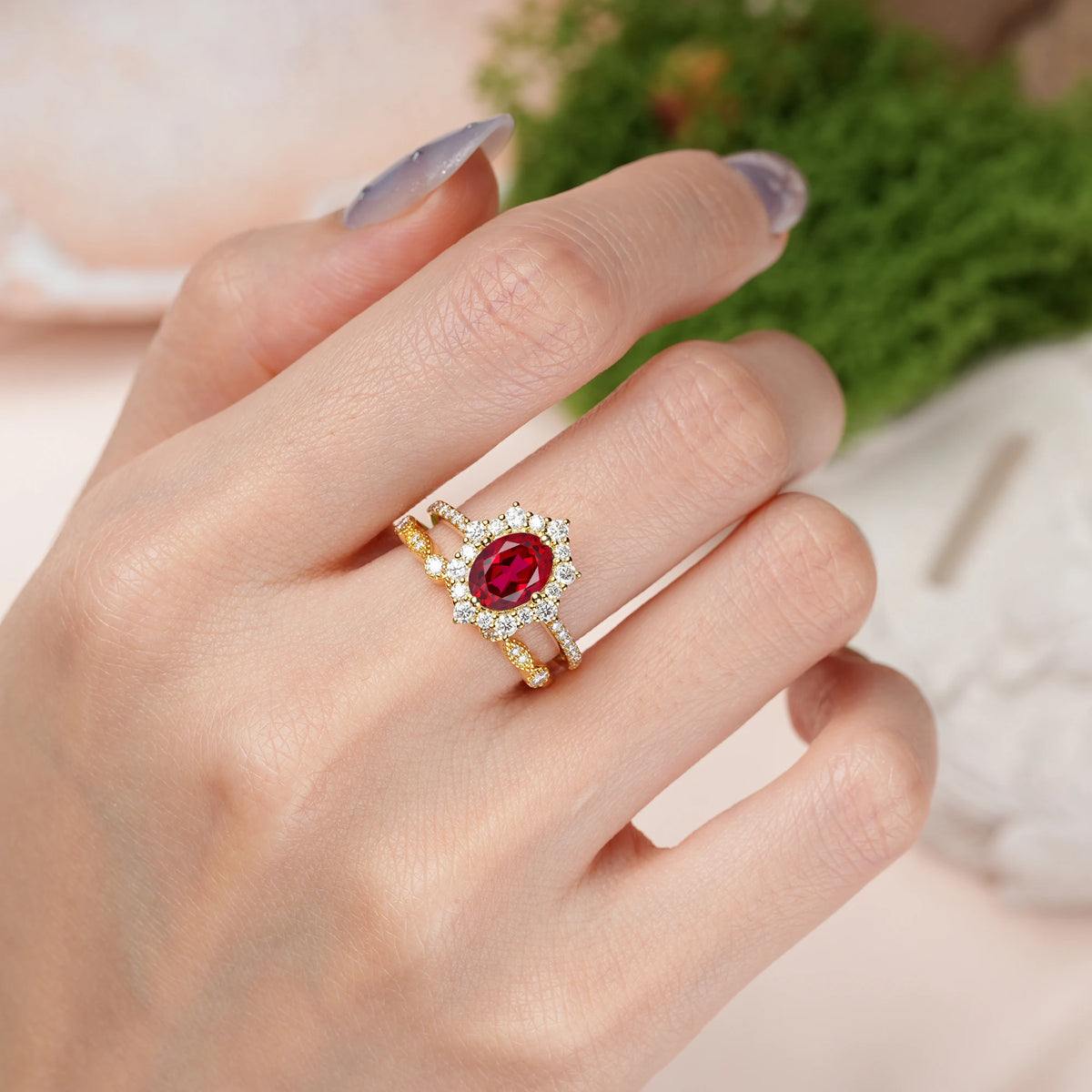 Oval Cut Ruby Minimal Polished Inner Band Two In One Halo Vintage Lace Stackable Bridal ring set
