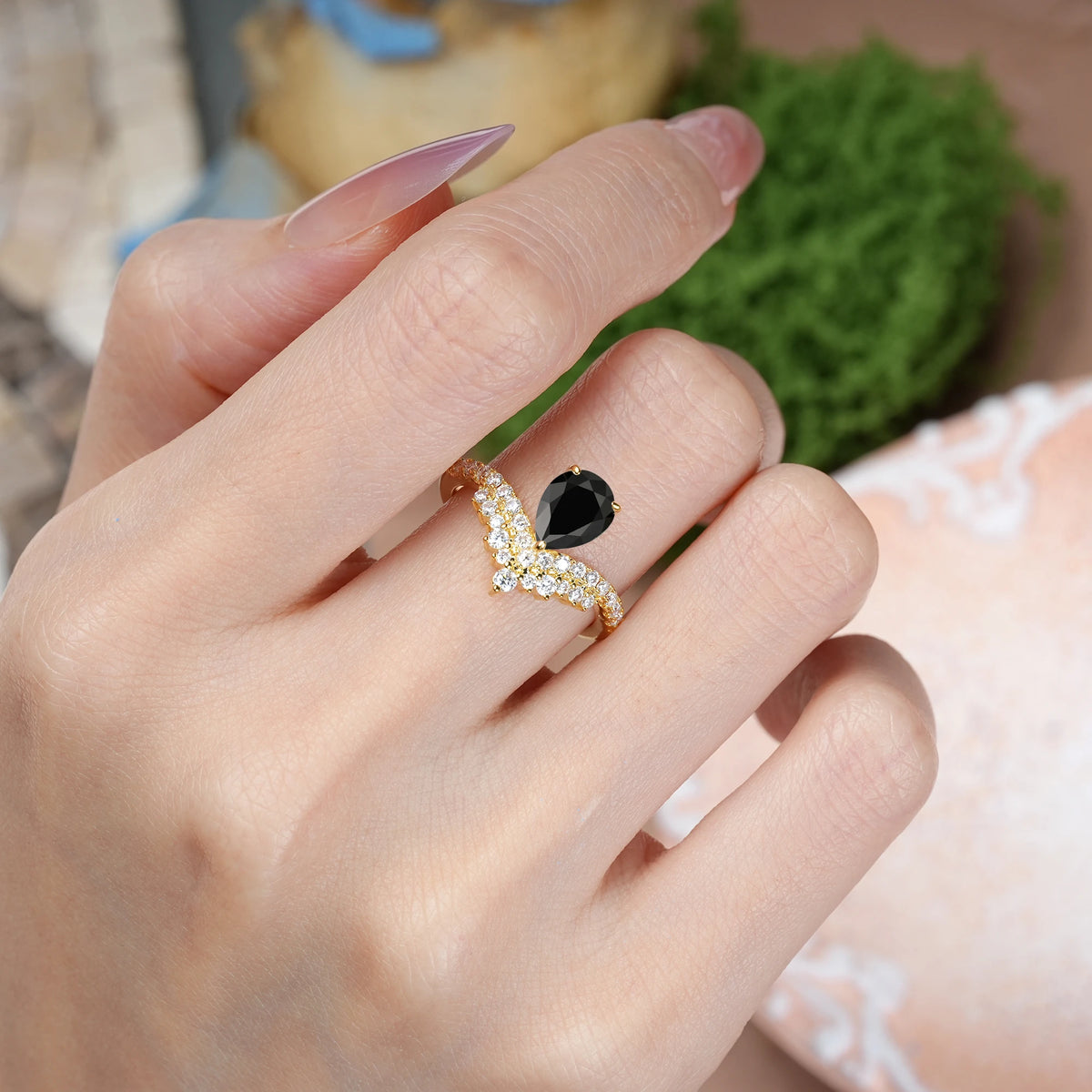 Pear Cut Black Onyx Classic and Unique 3-Prong Crown Setting Engagement Ring